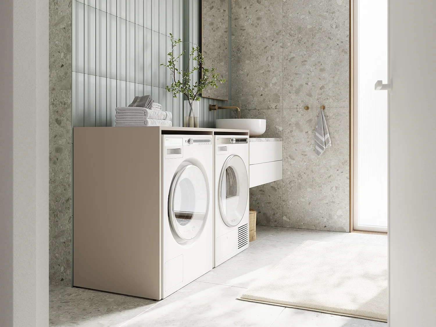 Armário para máquina de lavar de 130 cm, compatível com lavadora e secadora, com espaço de arrumação, armário superior