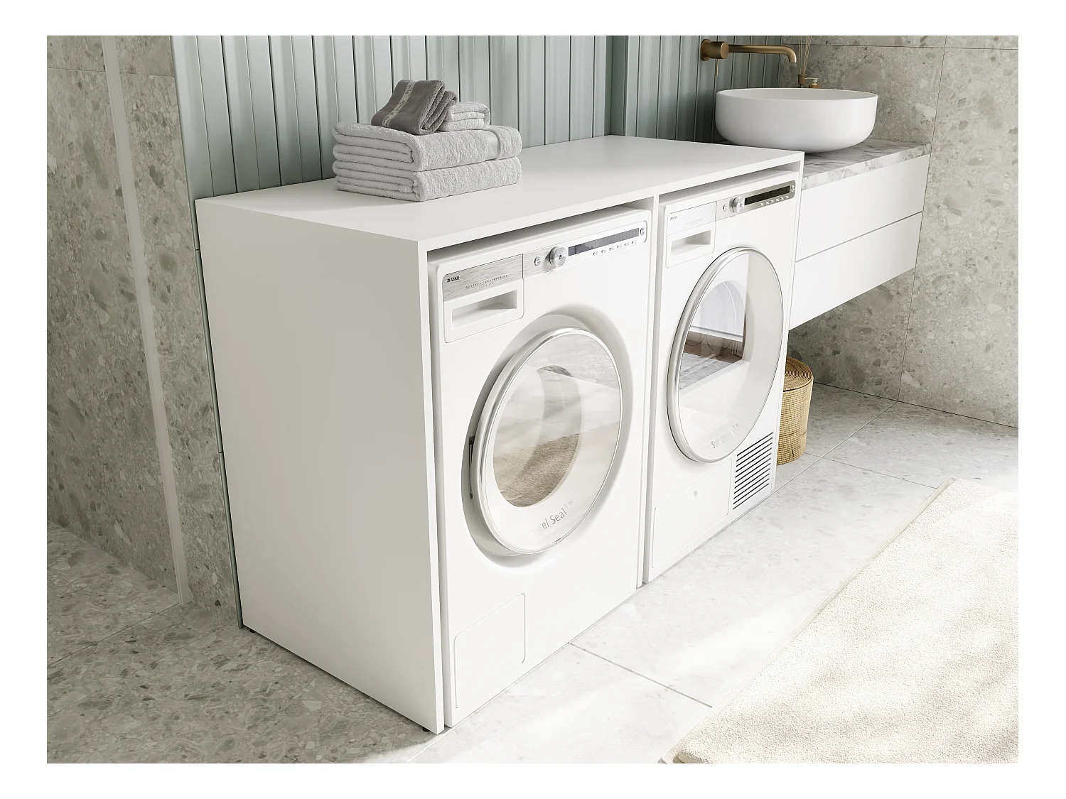 Wasmachinekast 130 cm breed, geschikt voor wasmachine en droger met opbergruimte, bovenkast voor wasmachine