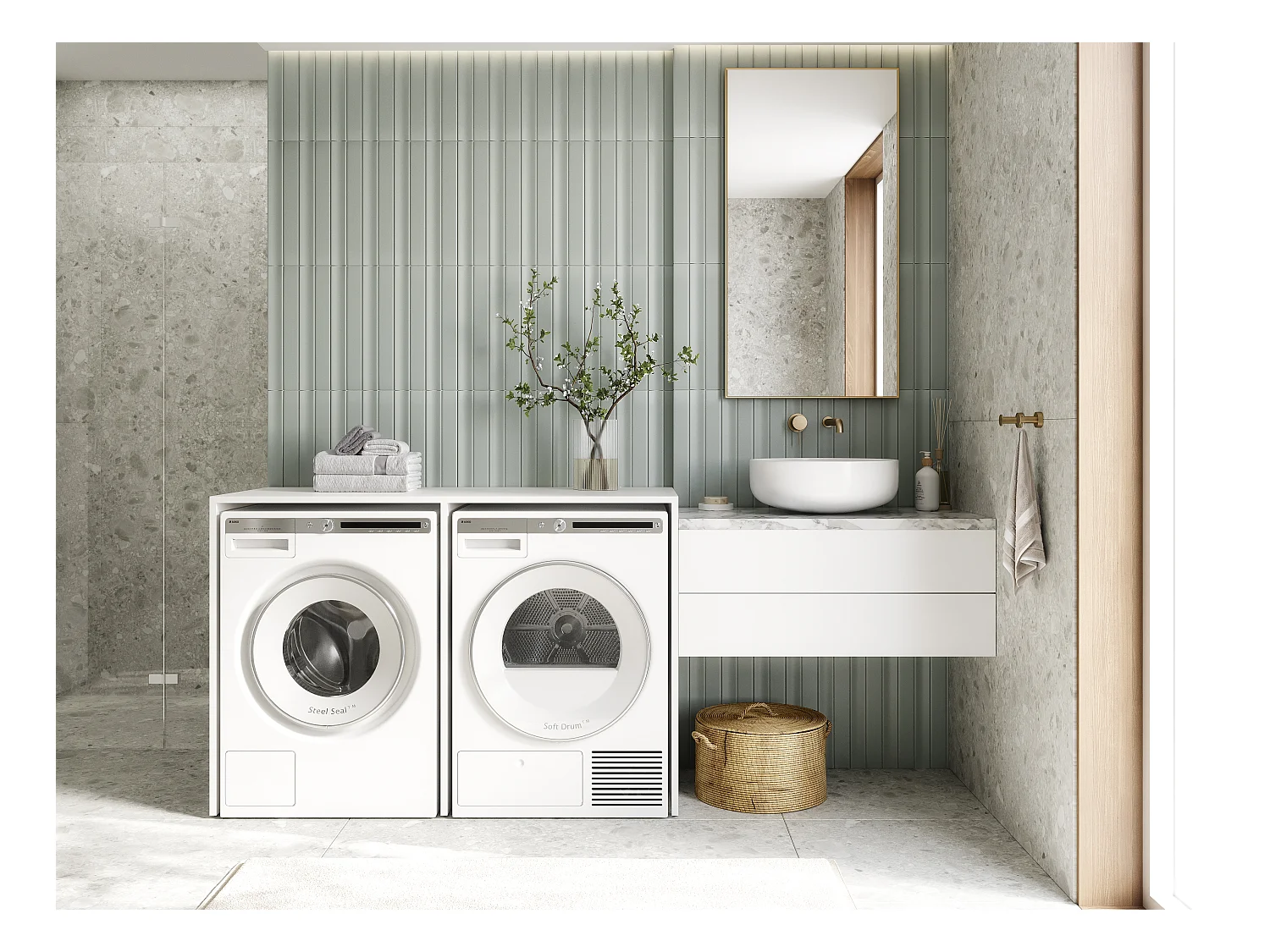 Wasmachinekast 130 cm breed, geschikt voor wasmachine en droger met opbergruimte, bovenkast voor wasmachine