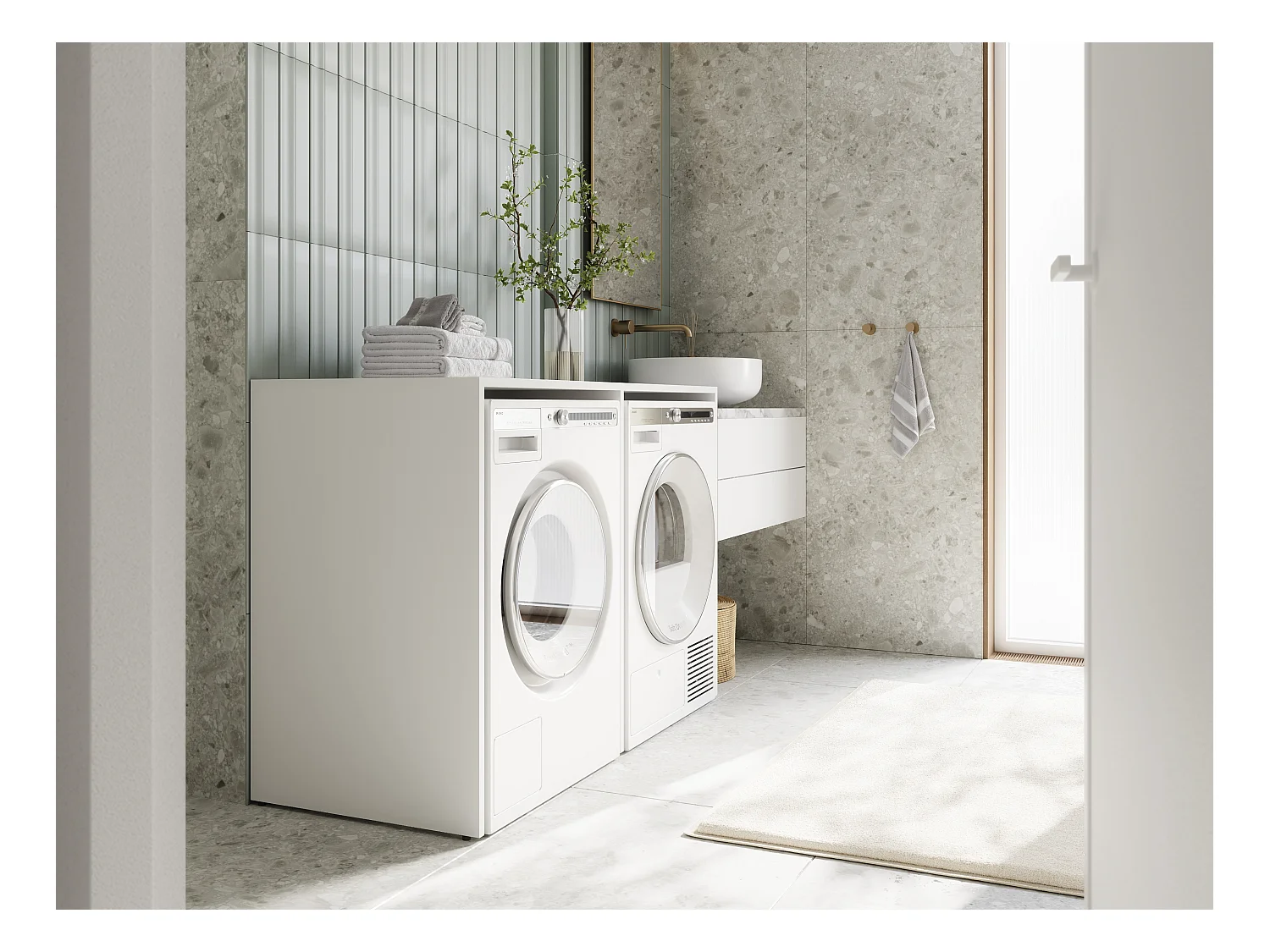 Wasmachinekast 130 cm breed, geschikt voor wasmachine en droger met opbergruimte, bovenkast voor wasmachine