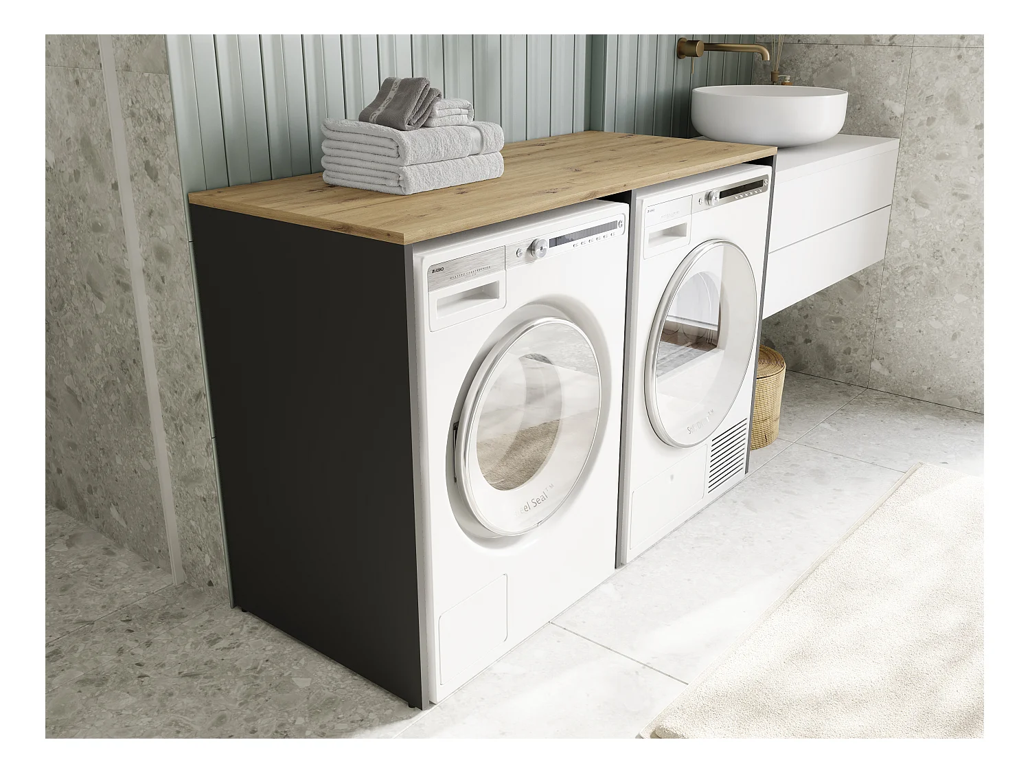 Waschmaschinenschrank 130 cm breit, geeignet für Waschmaschine & Wäschetrockner mit Staufach, Waschmaschinenschrank Überbauschrank