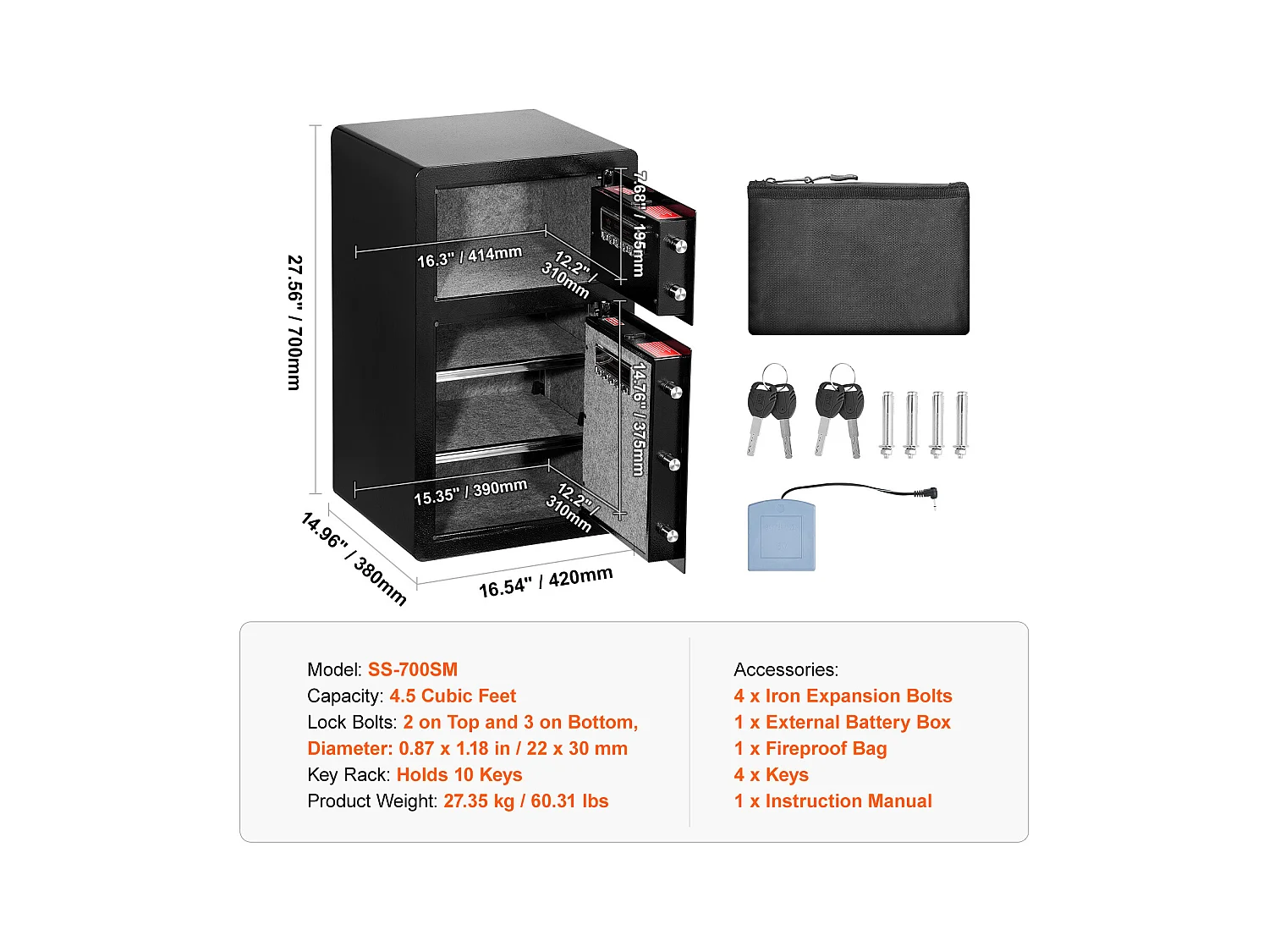 Cassaforte, SucceBuy 127 300 cm³, Nera, con Doppia Porta, Serratura a Chiave e Password Ignifuga