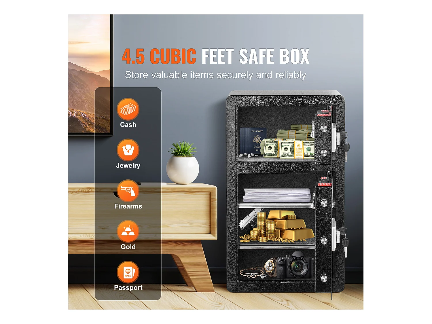 Cassaforte, SucceBuy 127 300 cm³, Nera, con Doppia Porta, Serratura a Chiave e Password Ignifuga