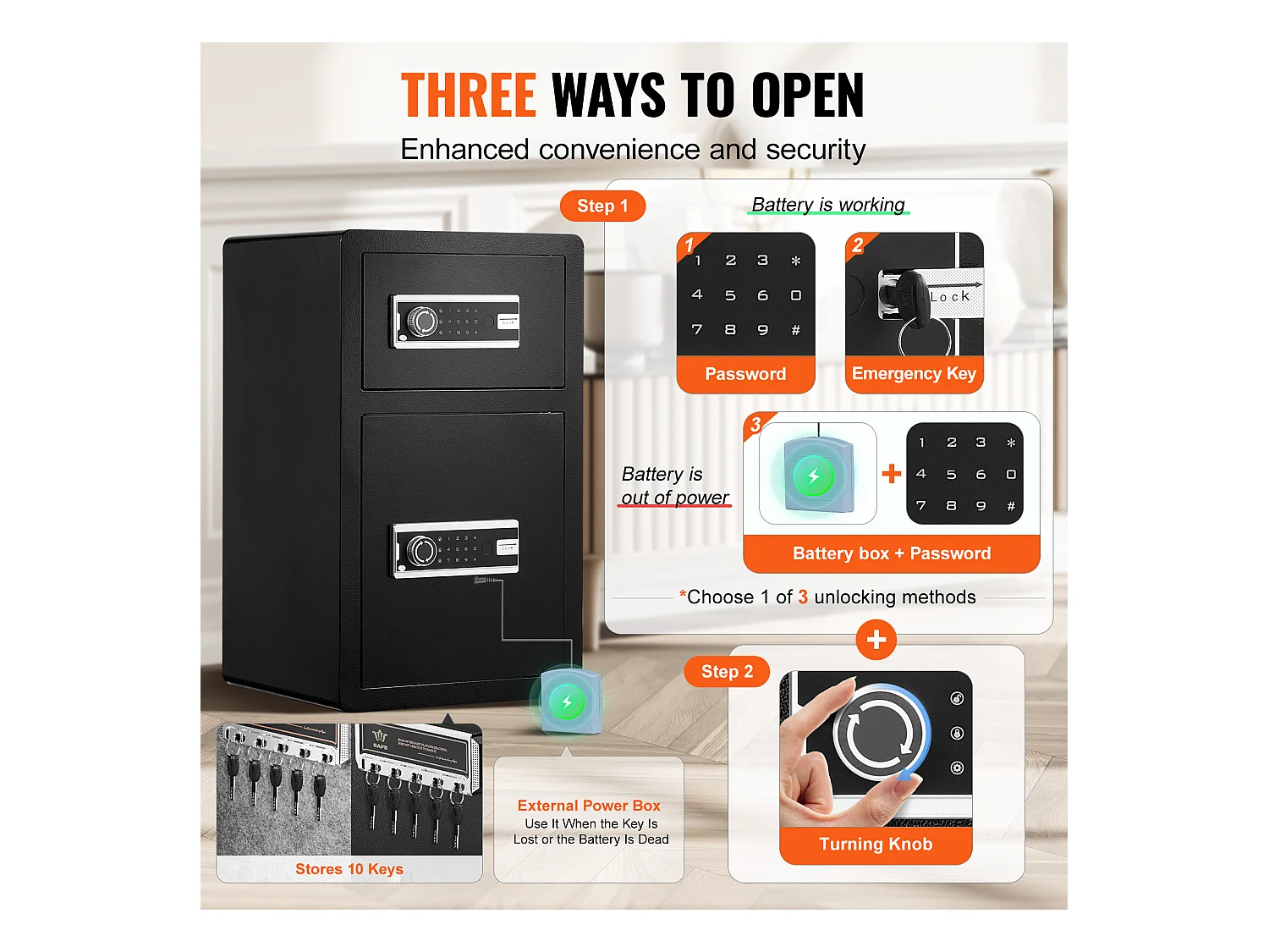 Cassaforte, SucceBuy 127 300 cm³, Nera, con Doppia Porta, Serratura a Chiave e Password Ignifuga