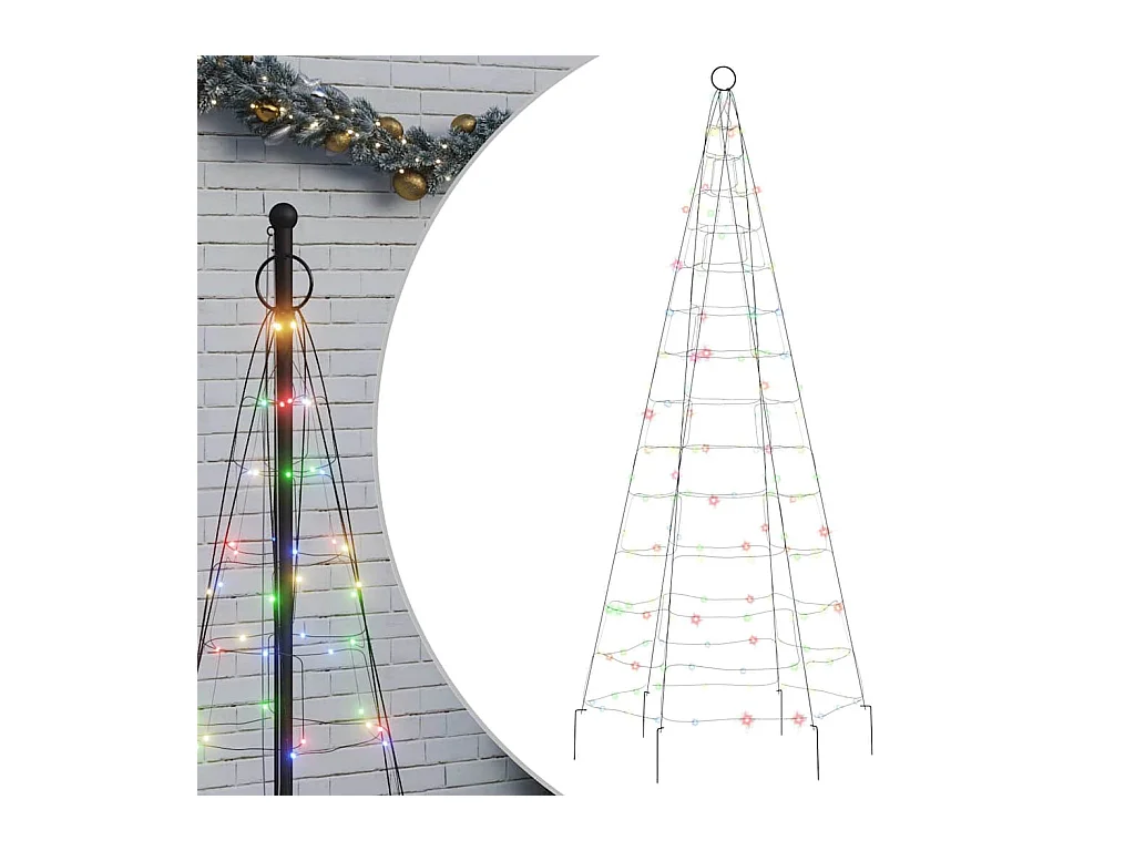 Sapin de Noël à LED sur mât de drapeau 200 LED coloré 180 cm
