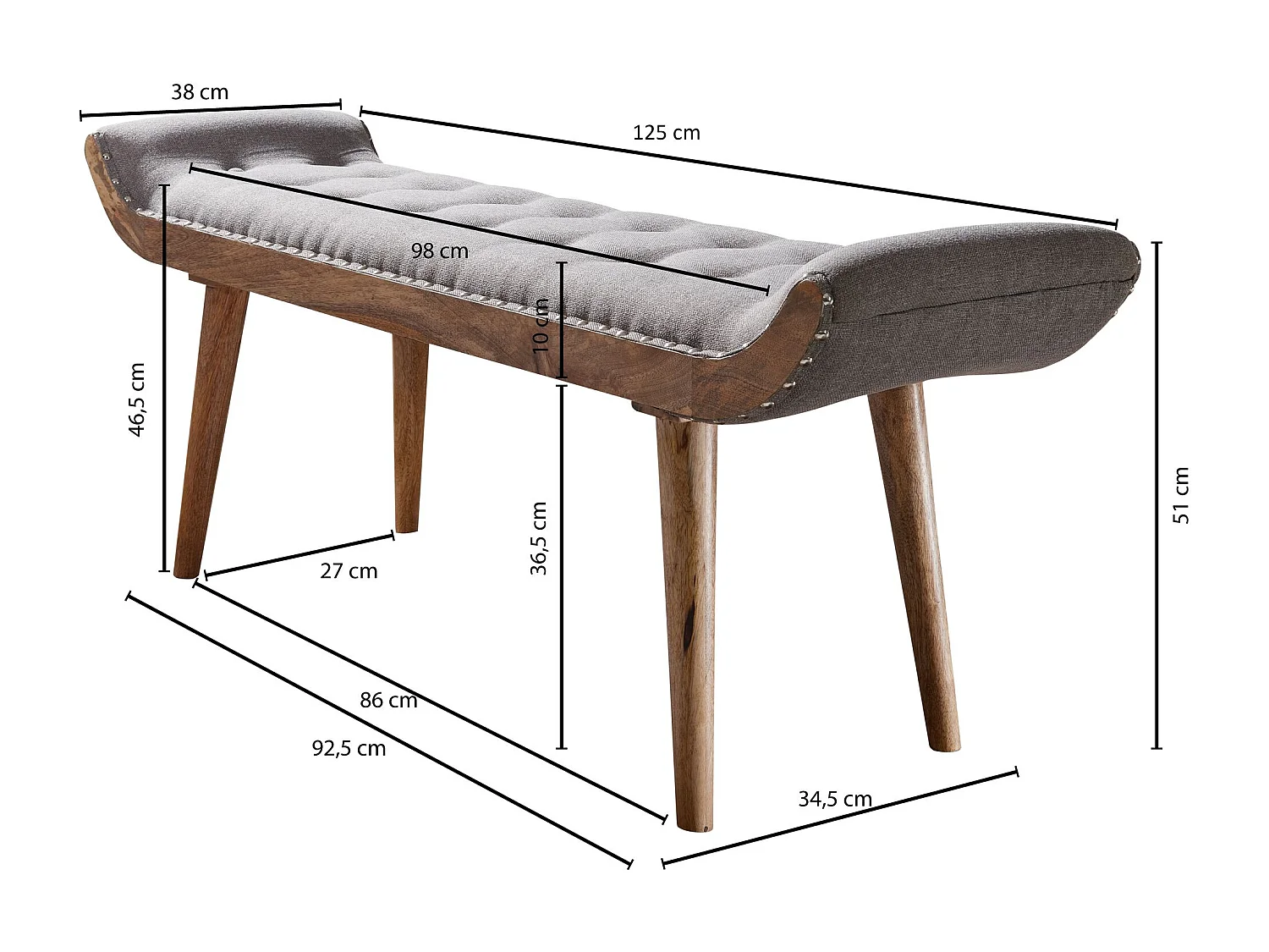 banc tissu / banc en bois massif gris 125x51x38 cm Chesterfield design | Banc rembourré Hall |