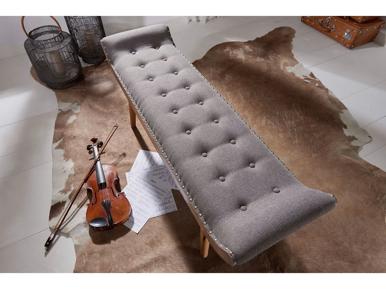 banc tissu / banc en bois massif gris 125x51x38 cm Chesterfield design | Banc rembourré Hall |