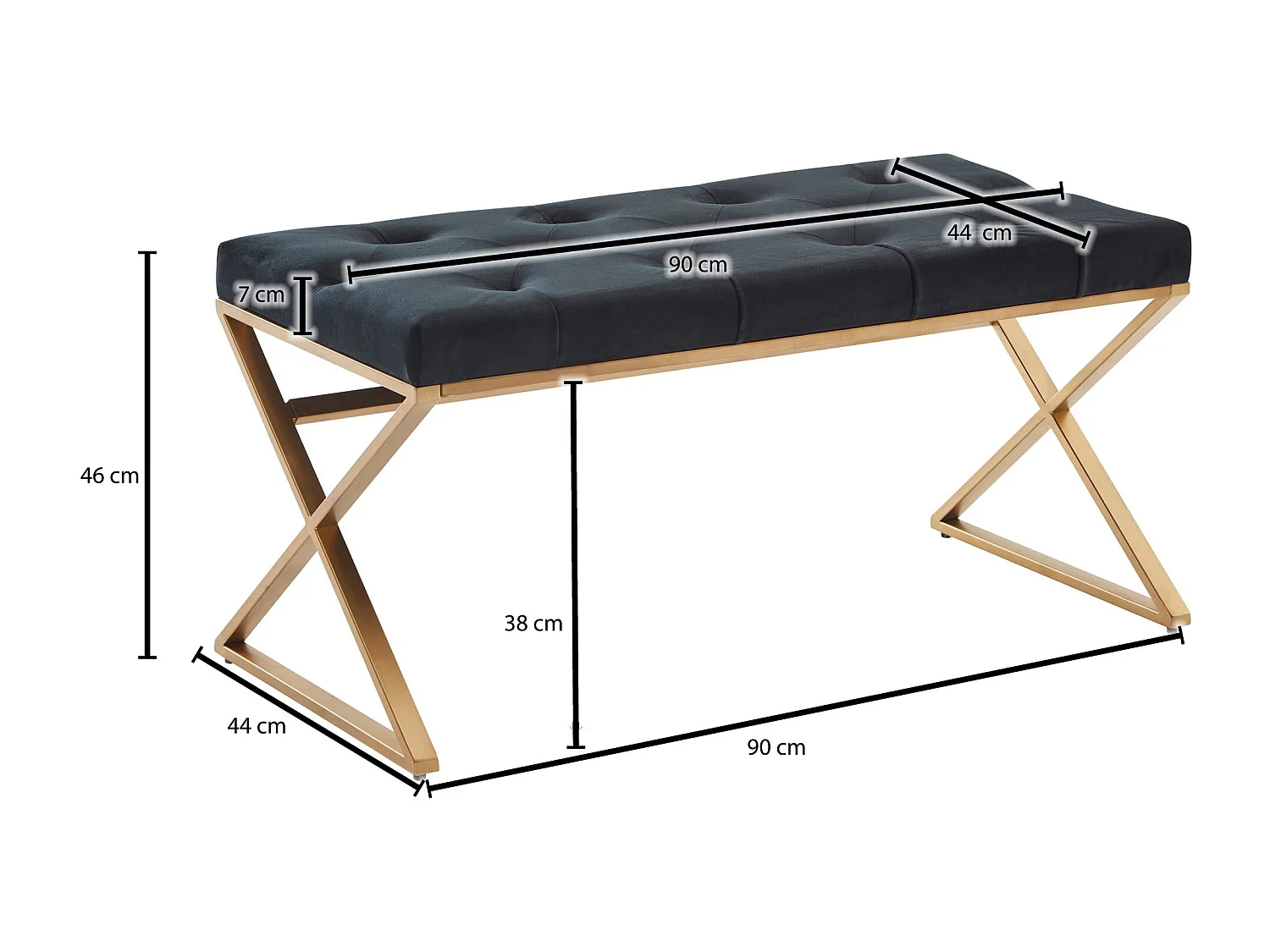 Banc Velours et Métal 90x46x44 cm Noir Chesterfield Moderne | Banquette Tissu Couloir Rembourré |