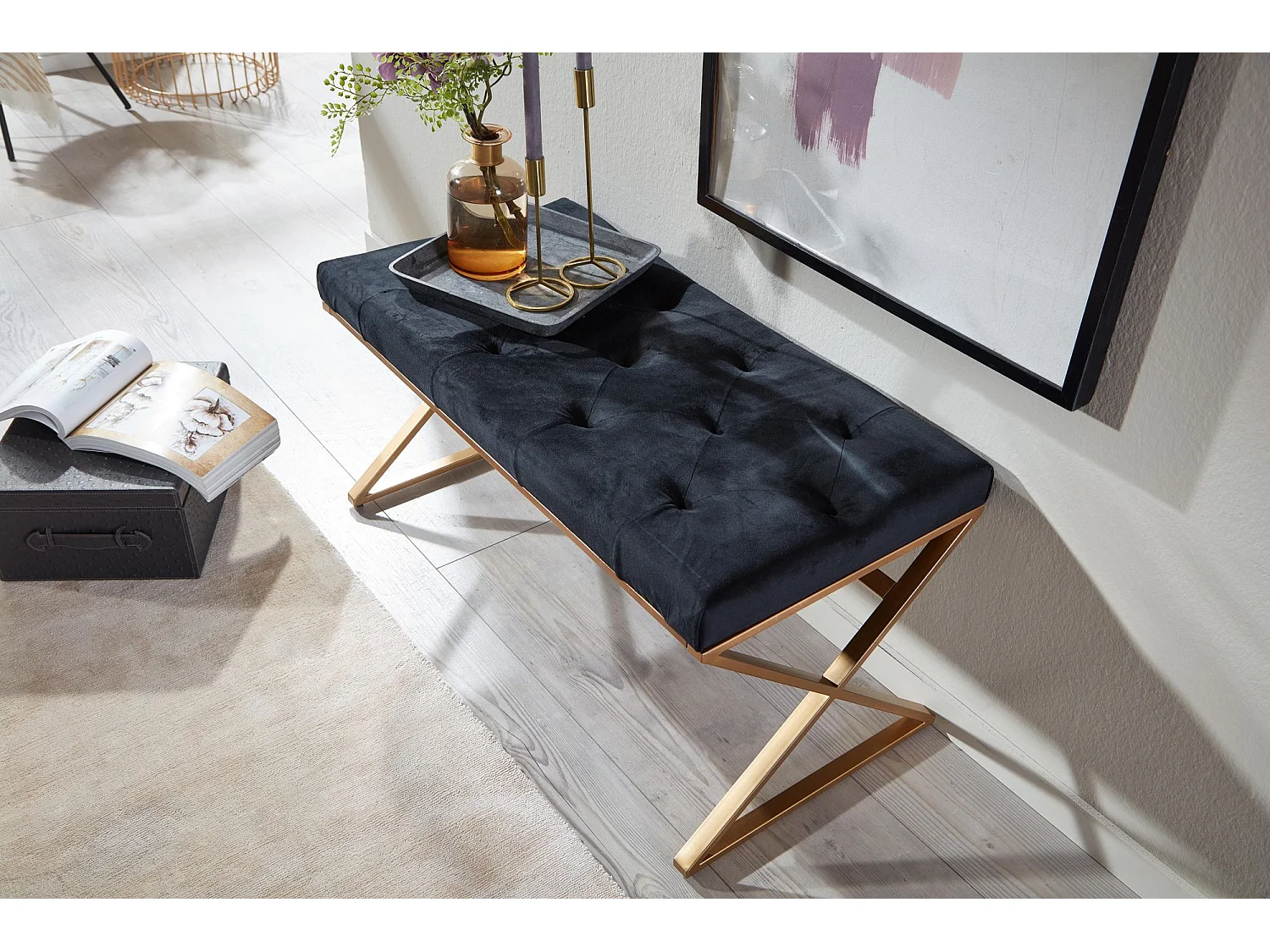 Banc Velours et Métal 90x46x44 cm Noir Chesterfield Moderne | Banquette Tissu Couloir Rembourré |