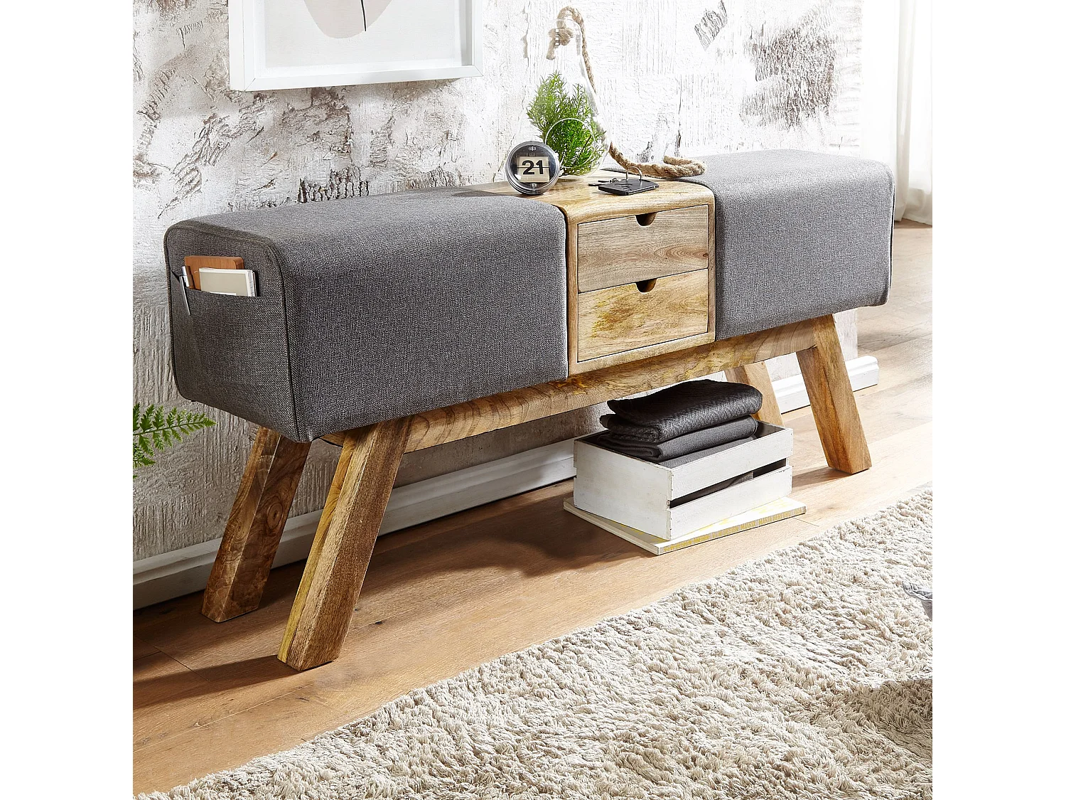 Banc Turnbock design gris avec tiroirs 120x56x30 cm | Banc de tabouret de gym en tissu avec espace
