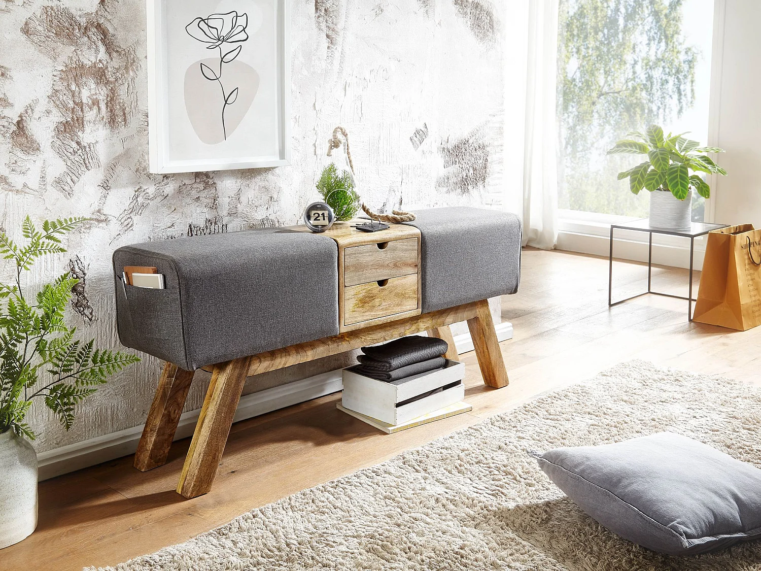 Banc Turnbock design gris avec tiroirs 120x56x30 cm | Banc de tabouret de gym en tissu avec espace