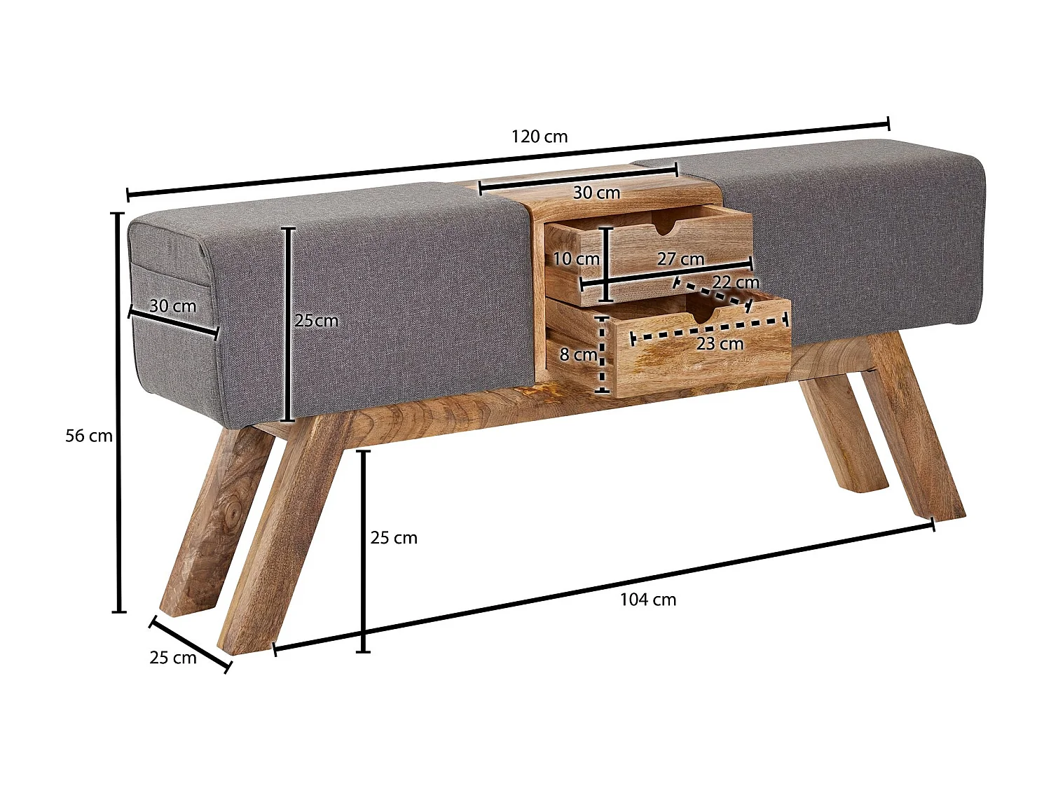 Banc Turnbock design gris avec tiroirs 120x56x30 cm | Banc de tabouret de gym en tissu avec espace