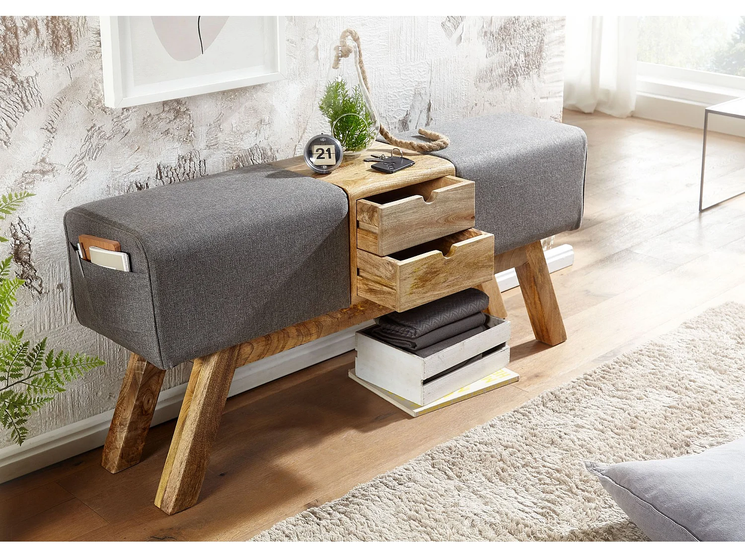 Banc Turnbock design gris avec tiroirs 120x56x30 cm | Banc de tabouret de gym en tissu avec espace