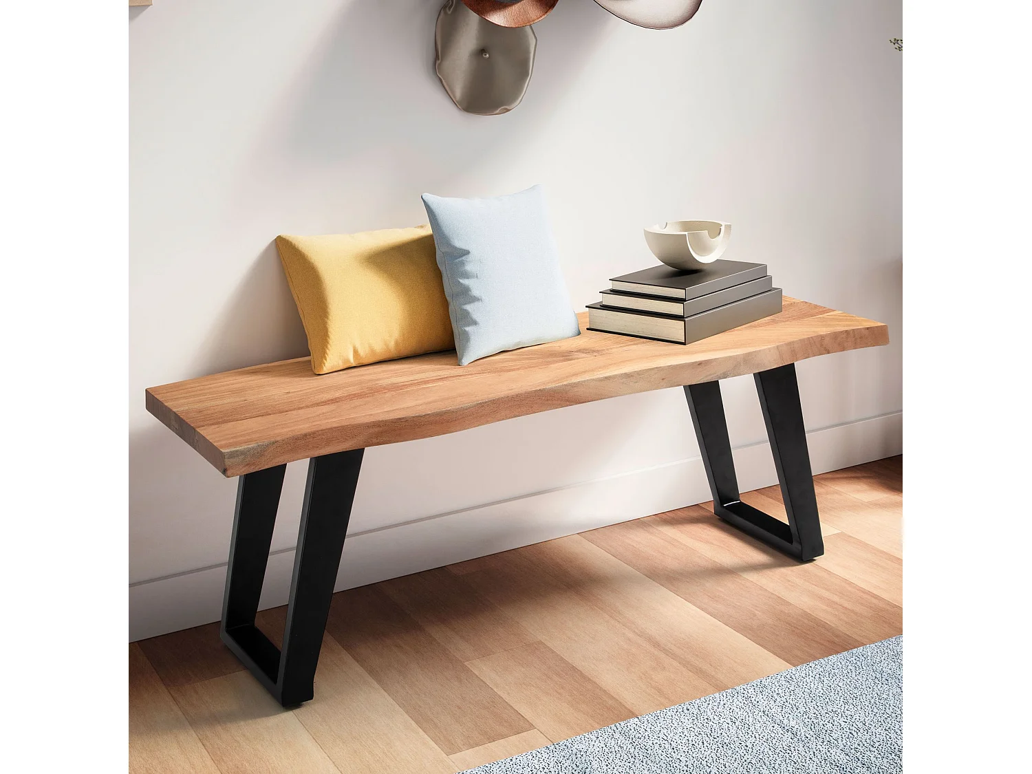 Banc d'armoire 120x40x45,5 cm bois massif d'acacia / métal avec bordure d'arbre, banc d'entrée