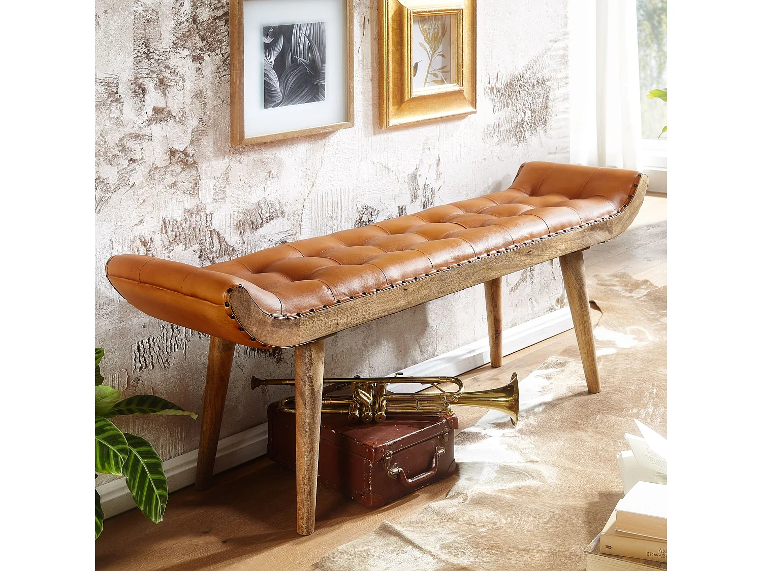 banc cuir véritable / banc en bois massif marron 125x50x38 cm Chesterfield | Banc tapissé design