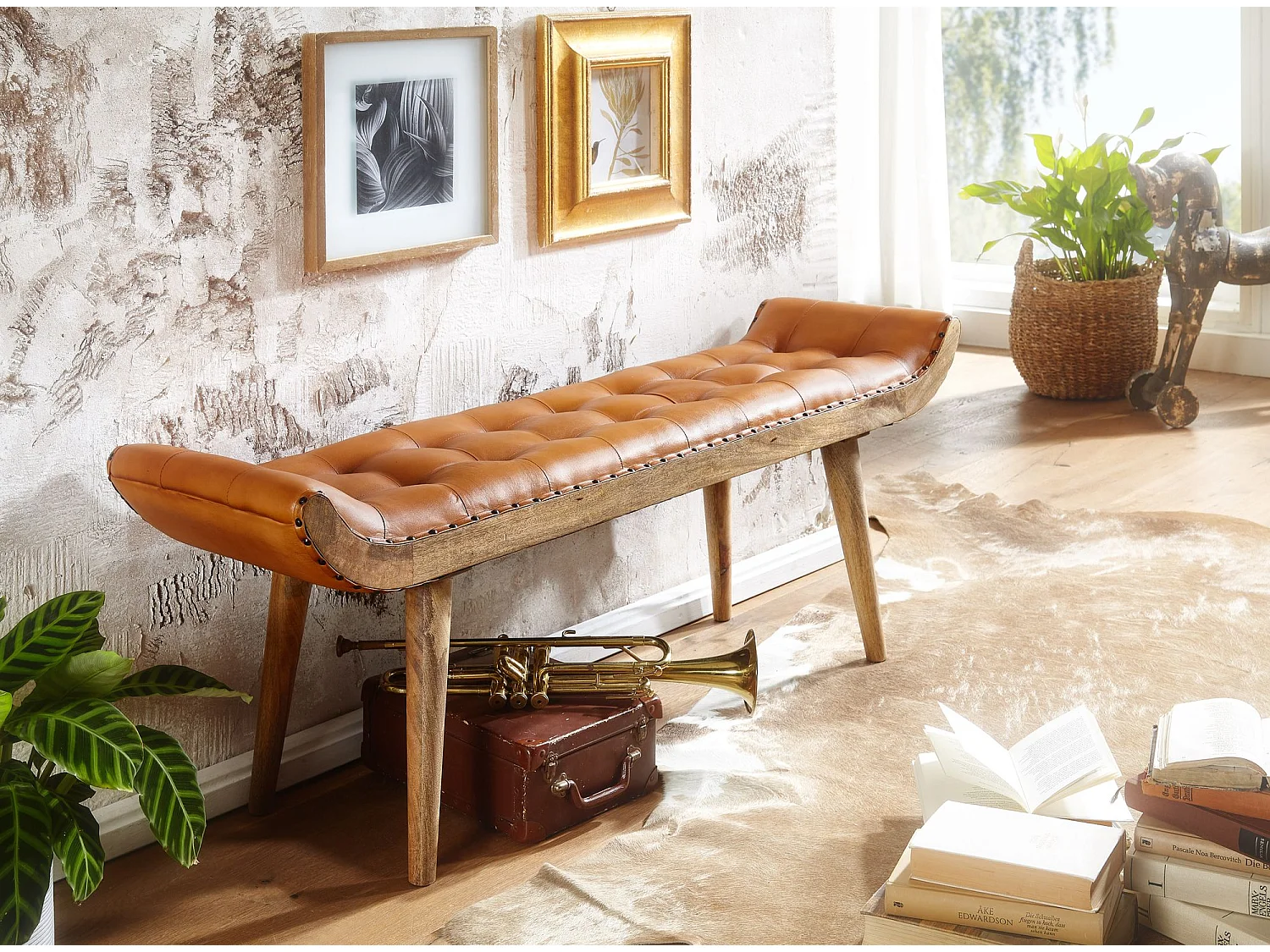 banc cuir véritable / banc en bois massif marron 125x50x38 cm Chesterfield | Banc tapissé design