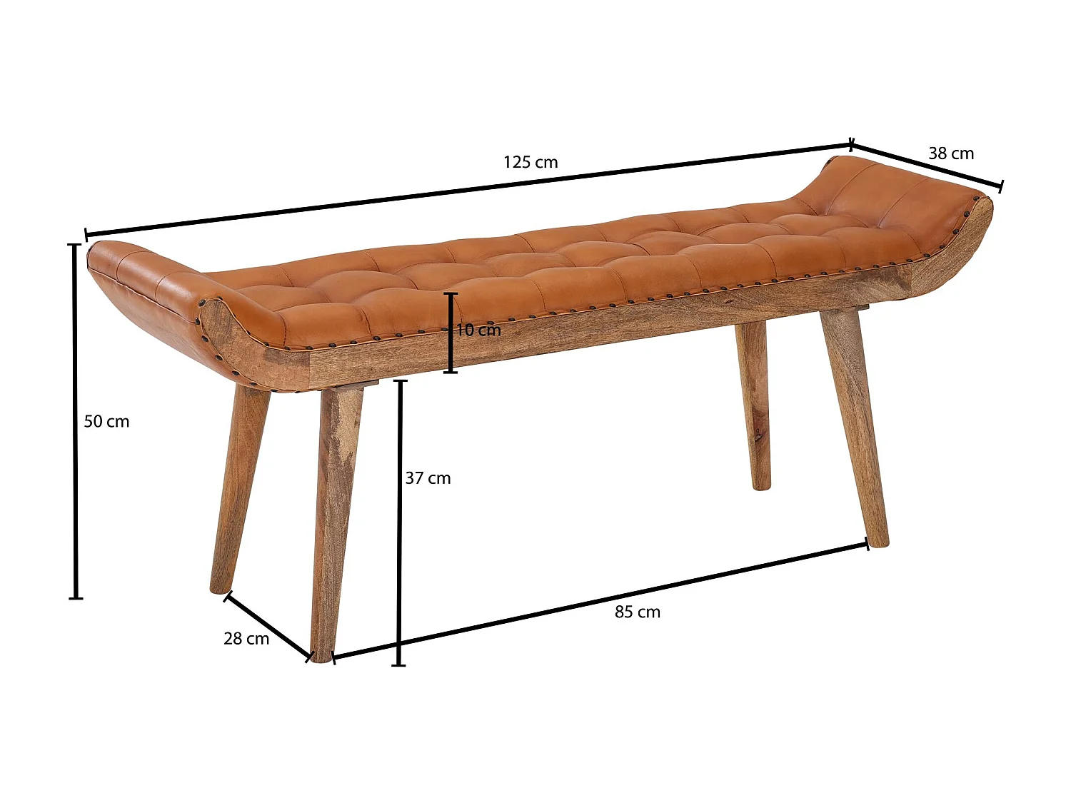 banc cuir véritable / banc en bois massif marron 125x50x38 cm Chesterfield | Banc tapissé design