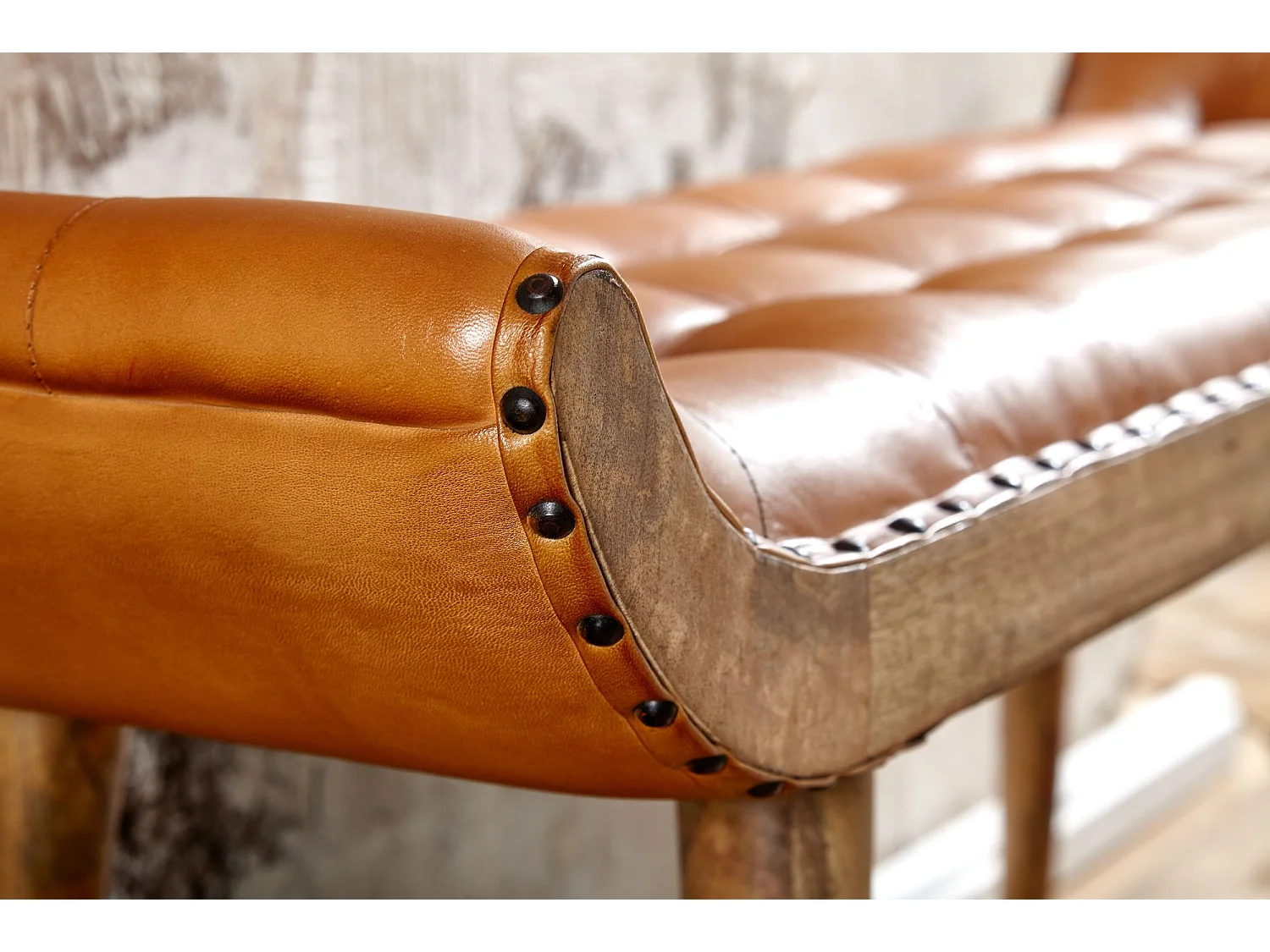 banc cuir véritable / banc en bois massif marron 125x50x38 cm Chesterfield | Banc tapissé design