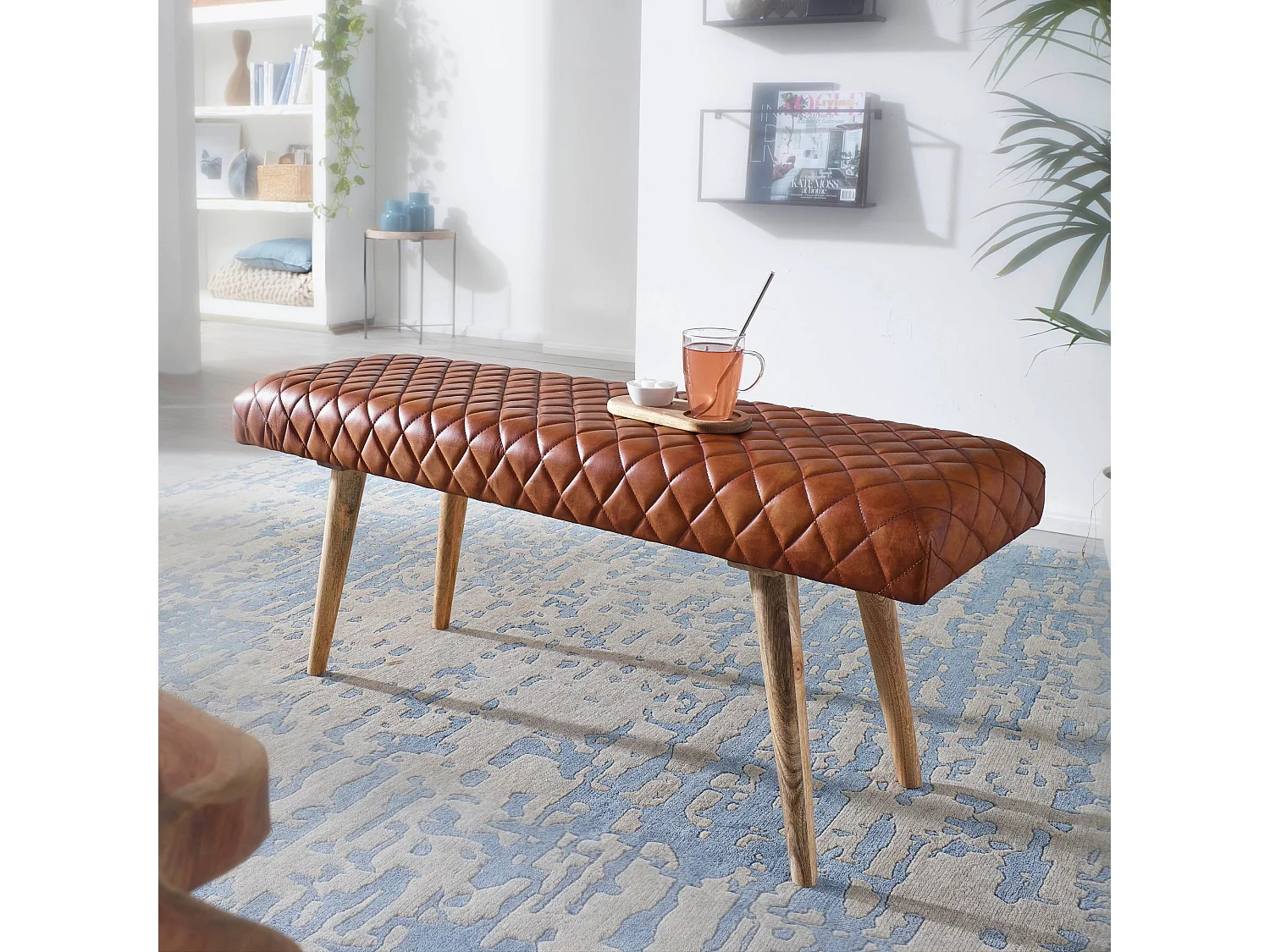 banc cuir véritable / banc bois massif 115x53x38 cm | Banquette 2 places rembourrée salle à manger