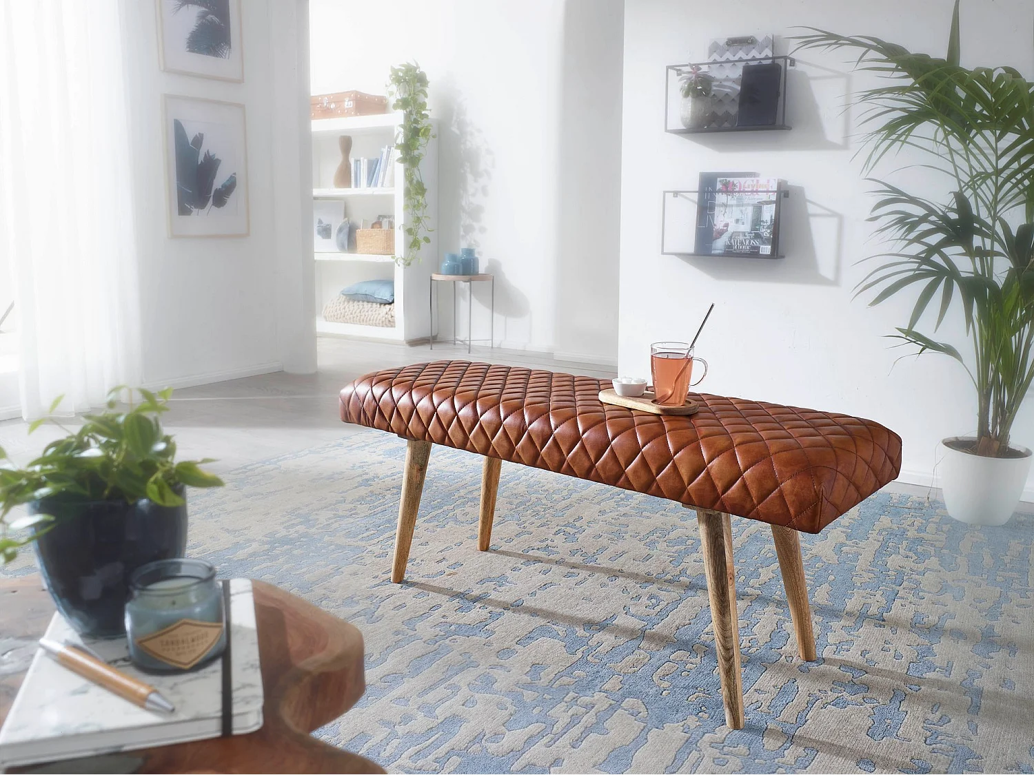banc cuir véritable / banc bois massif 115x53x38 cm | Banquette 2 places rembourrée salle à manger