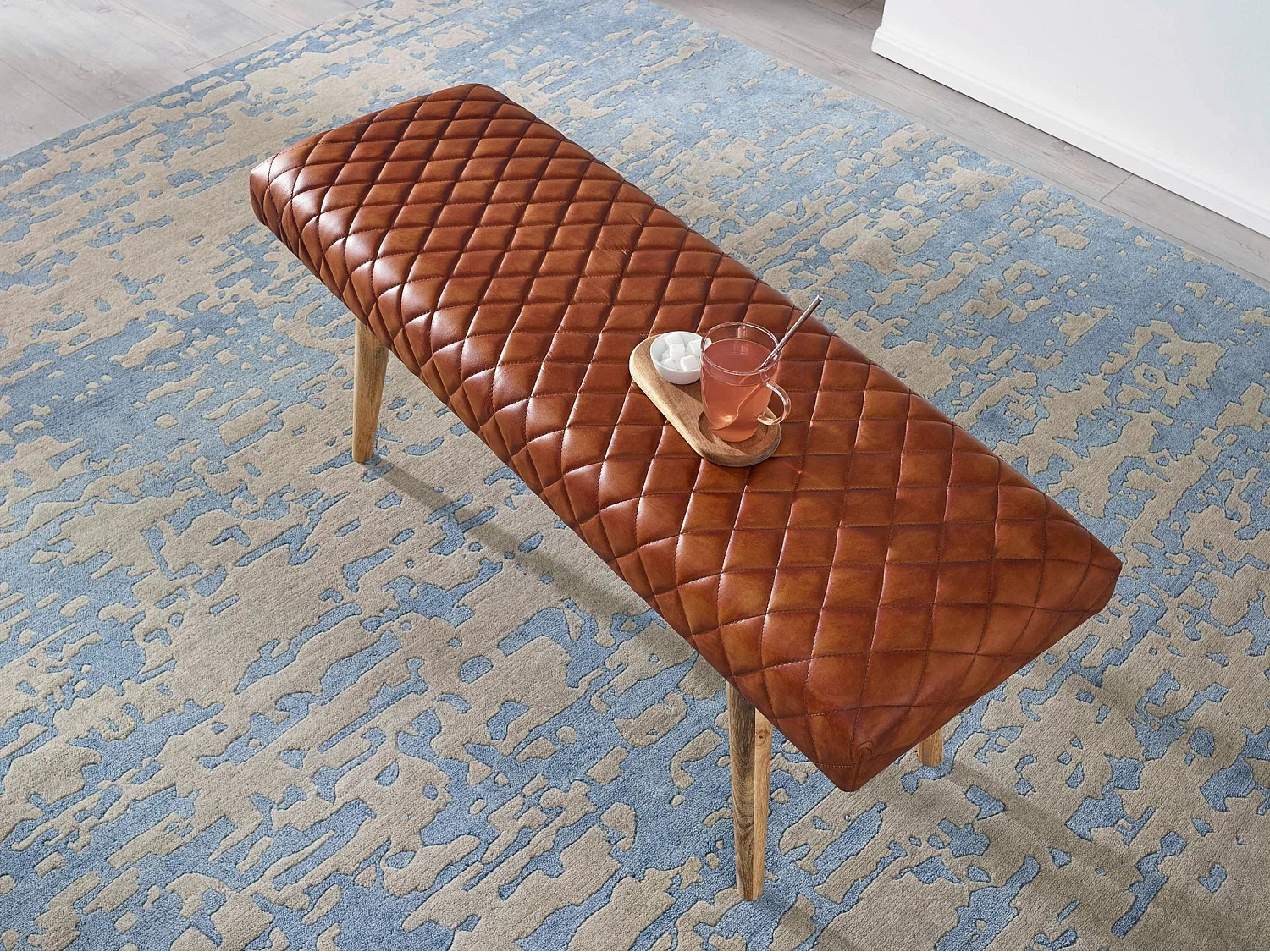 banc cuir véritable / banc bois massif 115x53x38 cm | Banquette 2 places rembourrée salle à manger