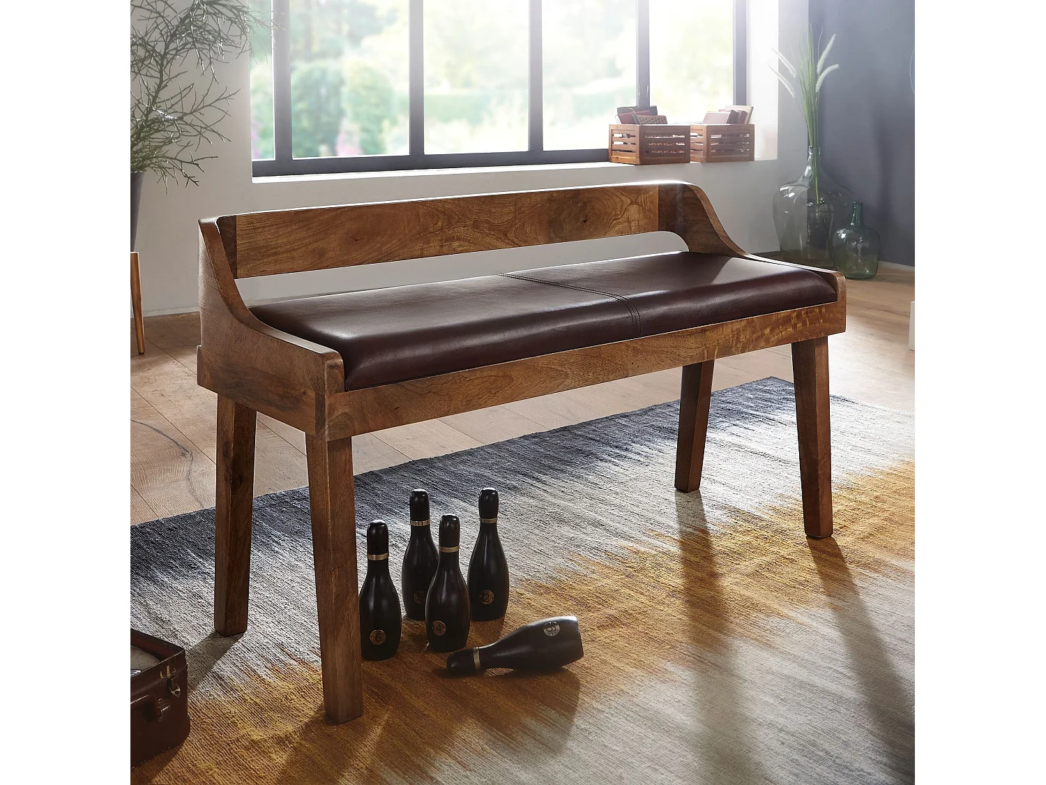 banc cuir véritable / banc bois massif 108x63x43 cm | Banquette rembourrée avec dossier banquette