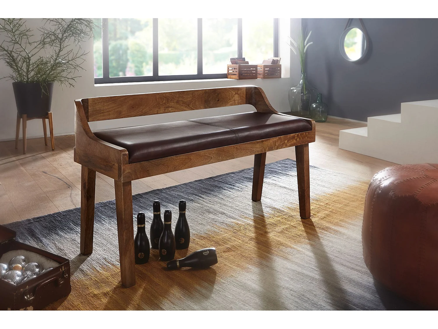 banc cuir véritable / banc bois massif 108x63x43 cm | Banquette rembourrée avec dossier banquette