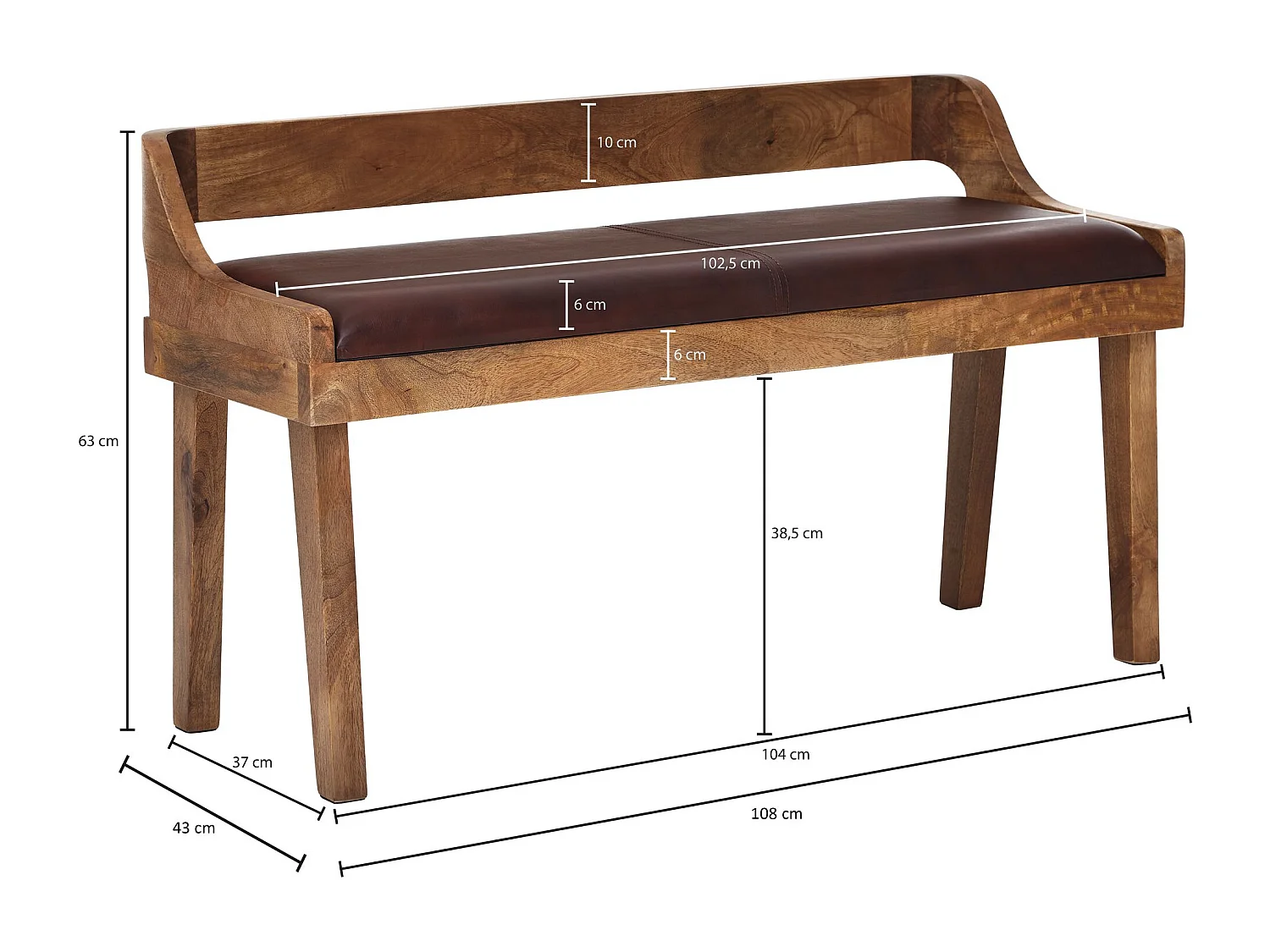banc cuir véritable / banc bois massif 108x63x43 cm | Banquette rembourrée avec dossier banquette