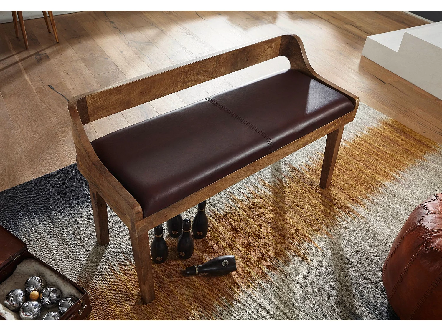 banc cuir véritable / banc bois massif 108x63x43 cm | Banquette rembourrée avec dossier banquette