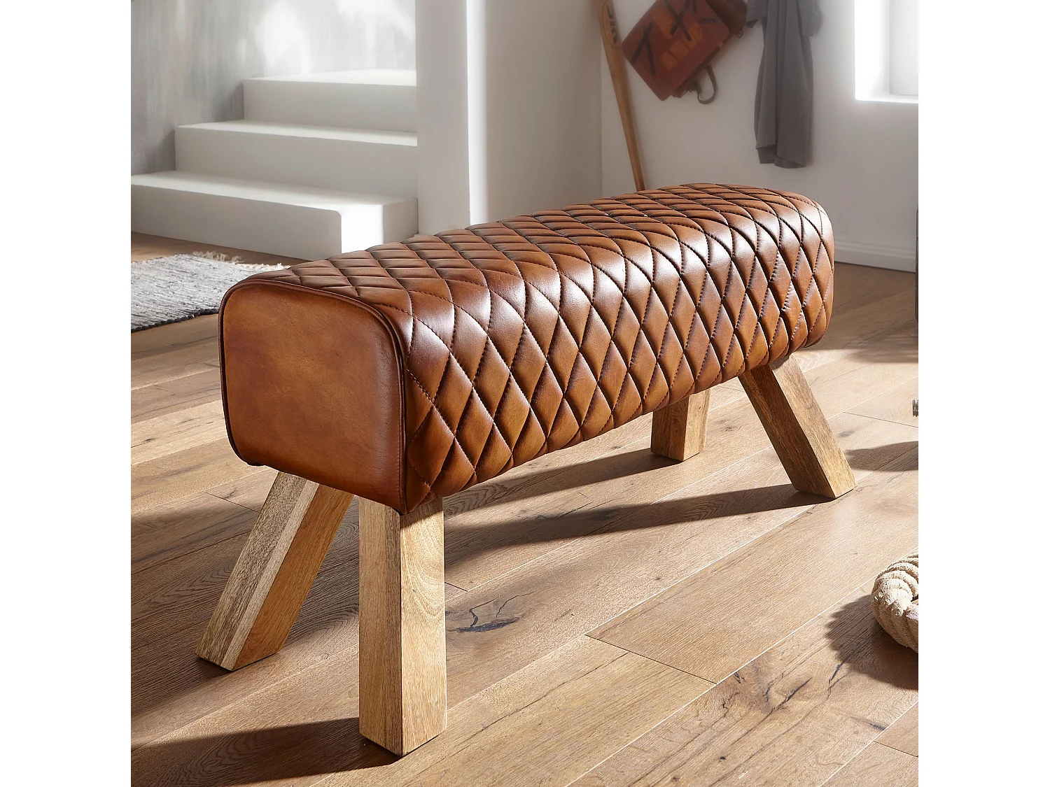 banc cuir véritable / bois massif 89x46x35 cm cuir Turnbock moderne | Tabouret en cuir Springbok |