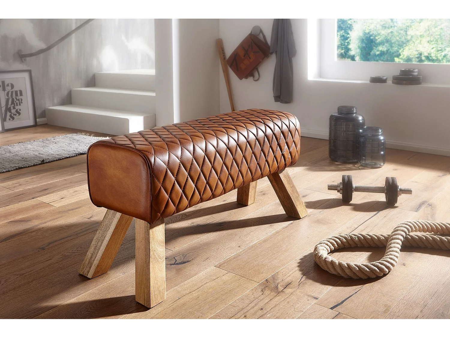 banc cuir véritable / bois massif 89x46x35 cm cuir Turnbock moderne | Tabouret en cuir Springbok |
