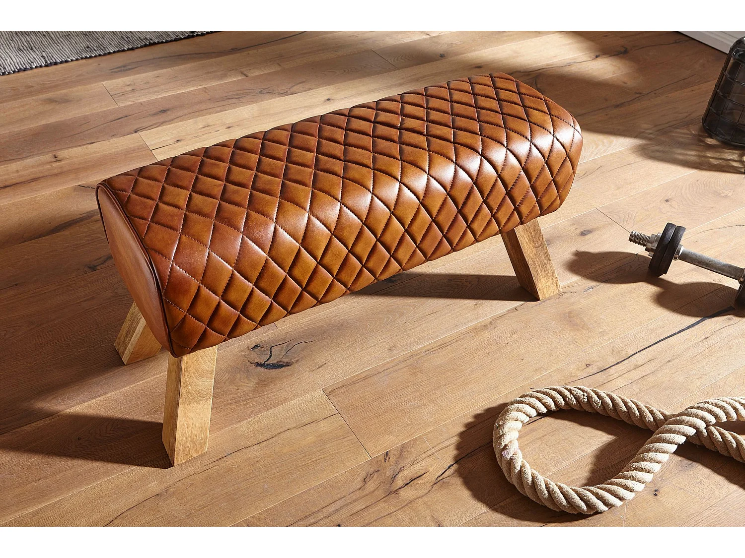 banc cuir véritable / bois massif 89x46x35 cm cuir Turnbock moderne | Tabouret en cuir Springbok |