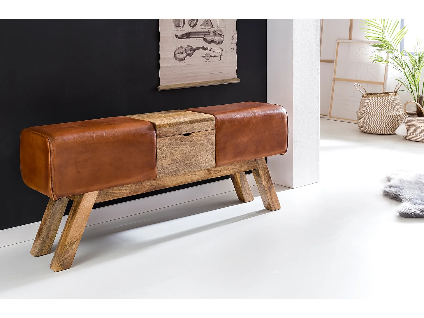 design Bock Tourner Banc compartiment Brown stockage 120 x 29 x 53 cm | Tourner escabeau en