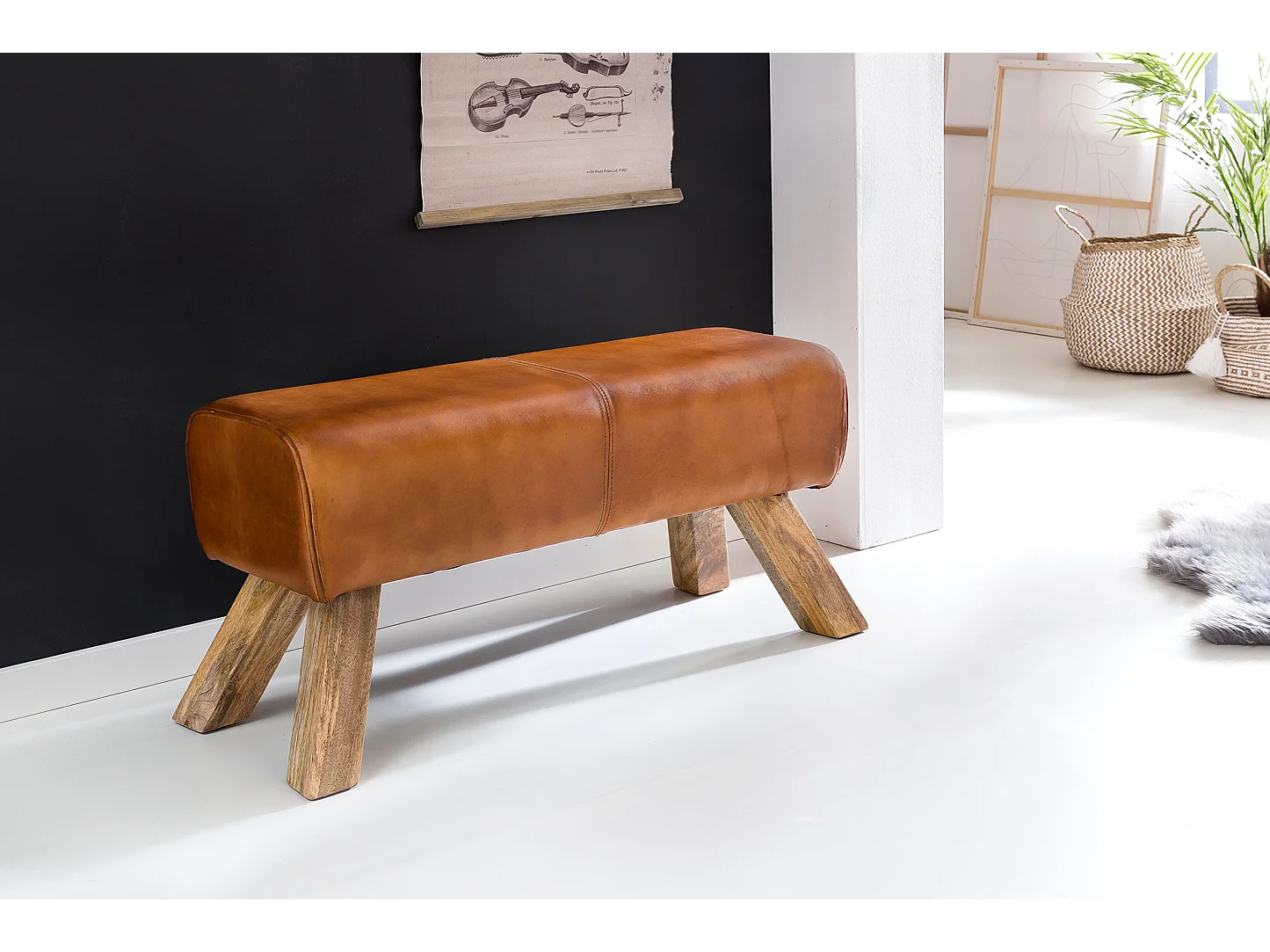 design cuir siège Bock brunissent 90 x 30 x 43 cm | Tourner banc en cuir escabeau | Tabouret Banc