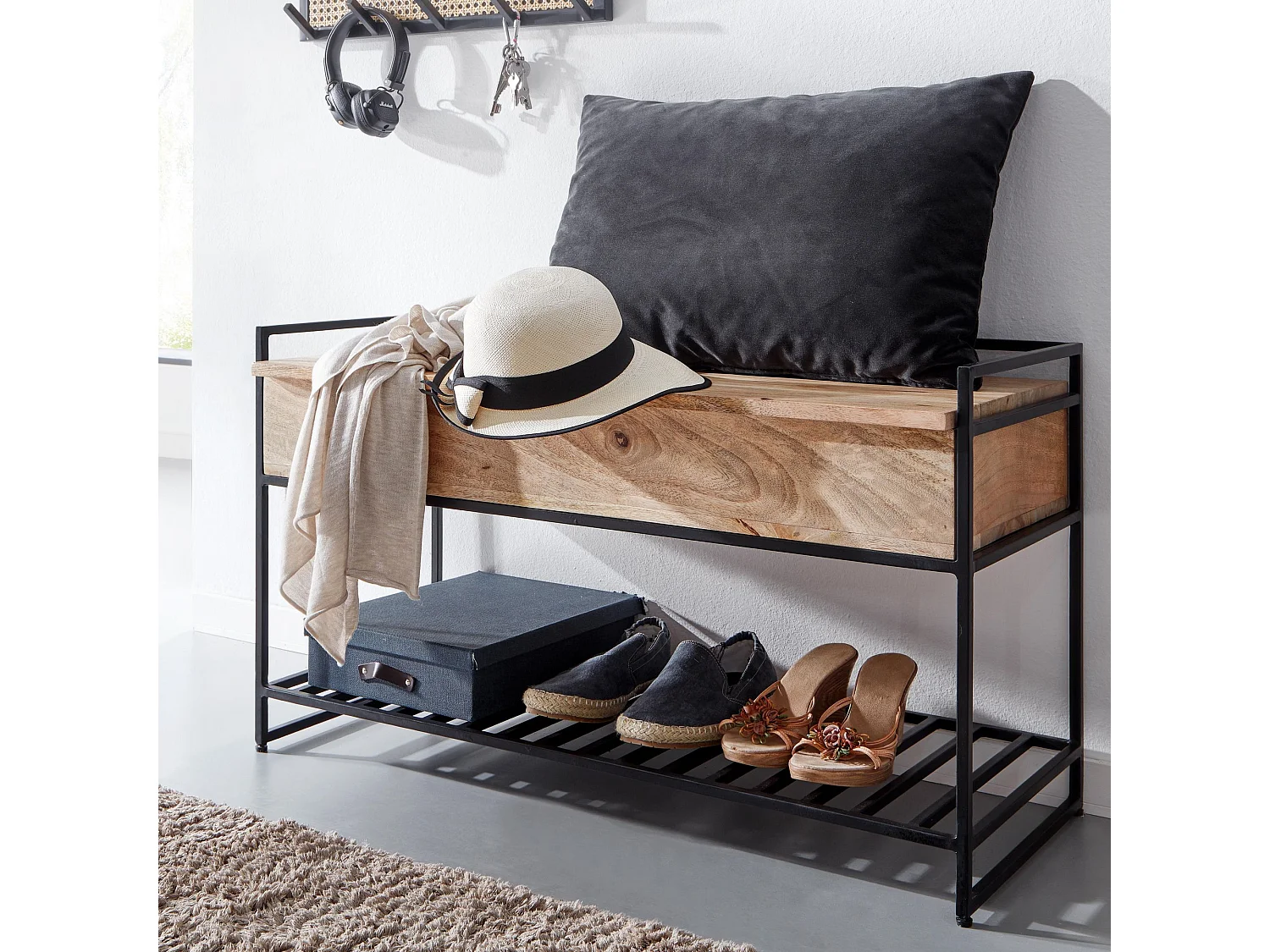 Banc avec Espace de Rangement Manguier Bois Massif 90x52x38 cm | Banquette Couloir Moderne | Banc