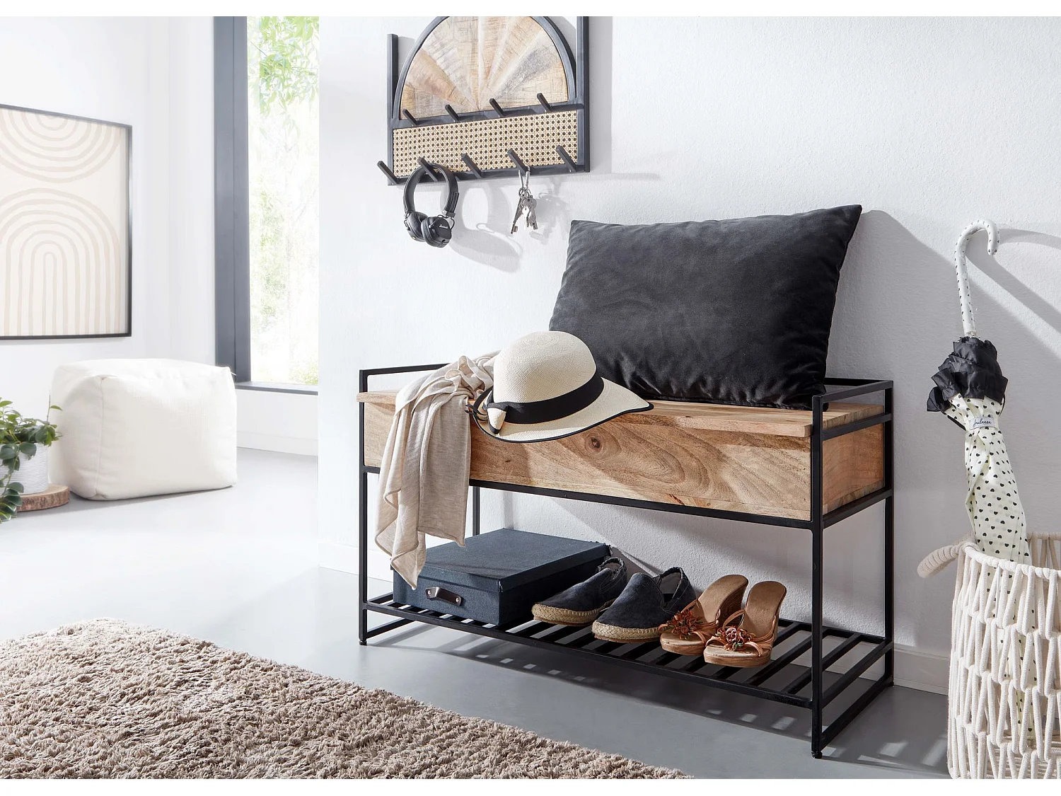 Banc avec Espace de Rangement Manguier Bois Massif 90x52x38 cm | Banquette Couloir Moderne | Banc
