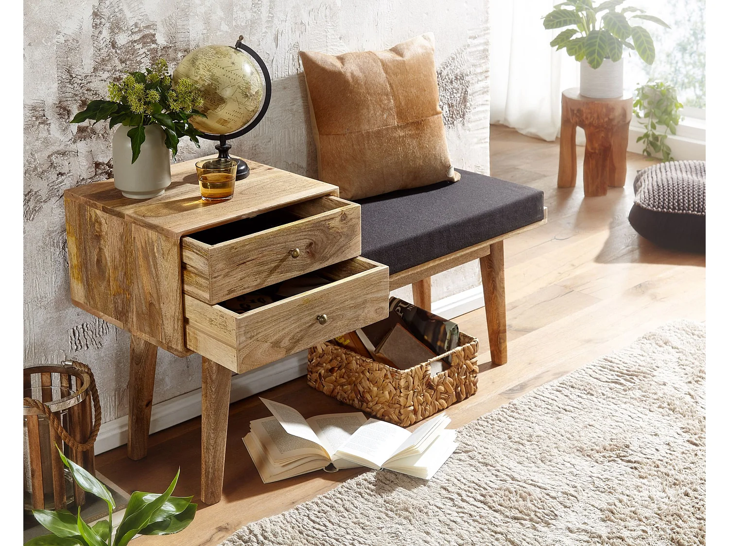 banc tissu / banc en bois massif 120x65x40 cm de style rétro | Banquette d'entrée avec espace de