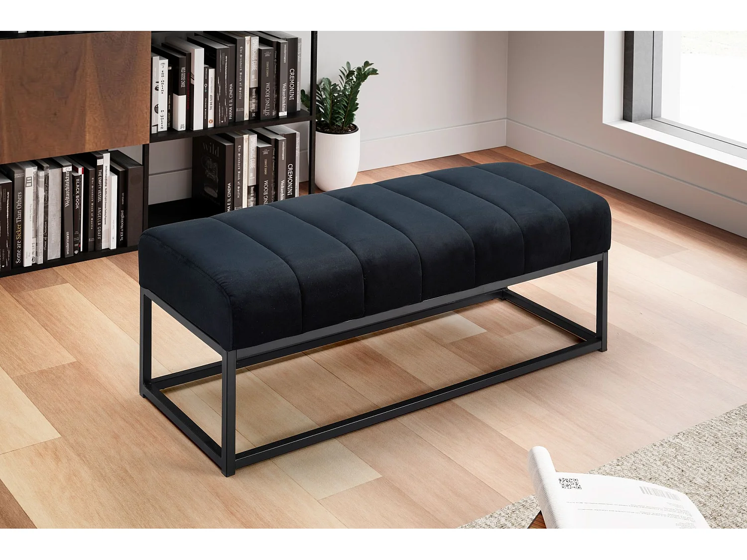 Banc Rembourré Noir 108x40x40 cm Style Moderne avec Structure en Métal | Banquette Couloir Velours