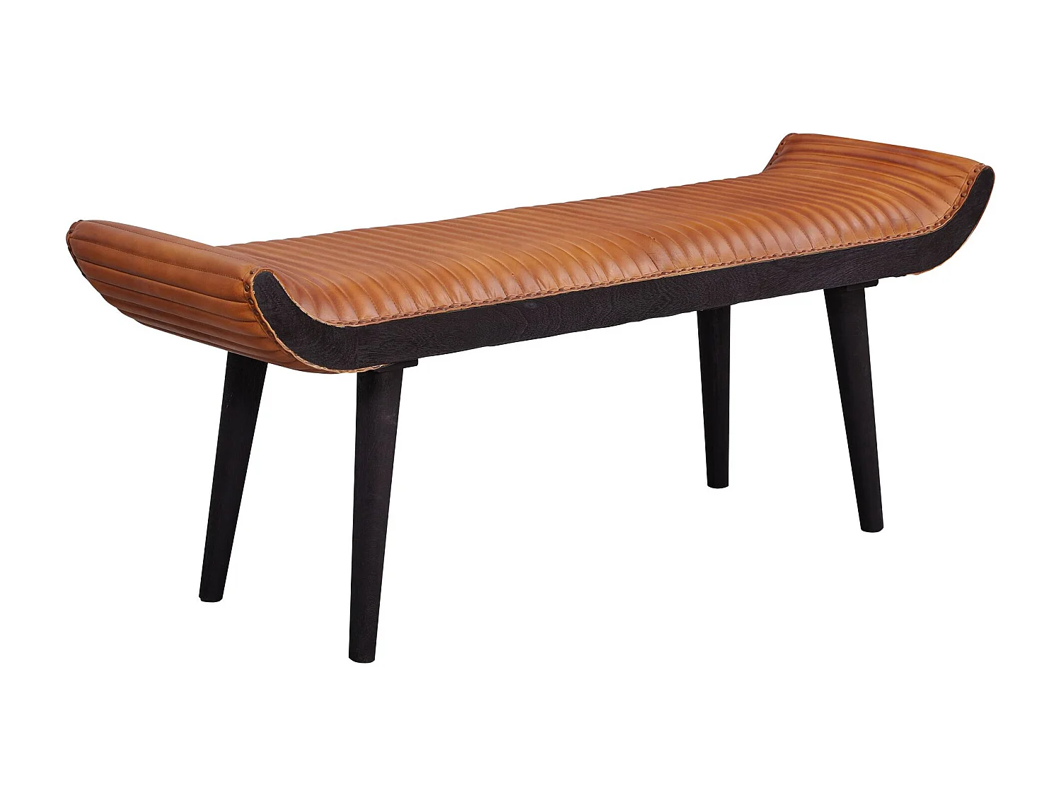 banc cuir véritable / banc bois massif marron 125x51x38 cm moderne | Banc rembourré design couloir