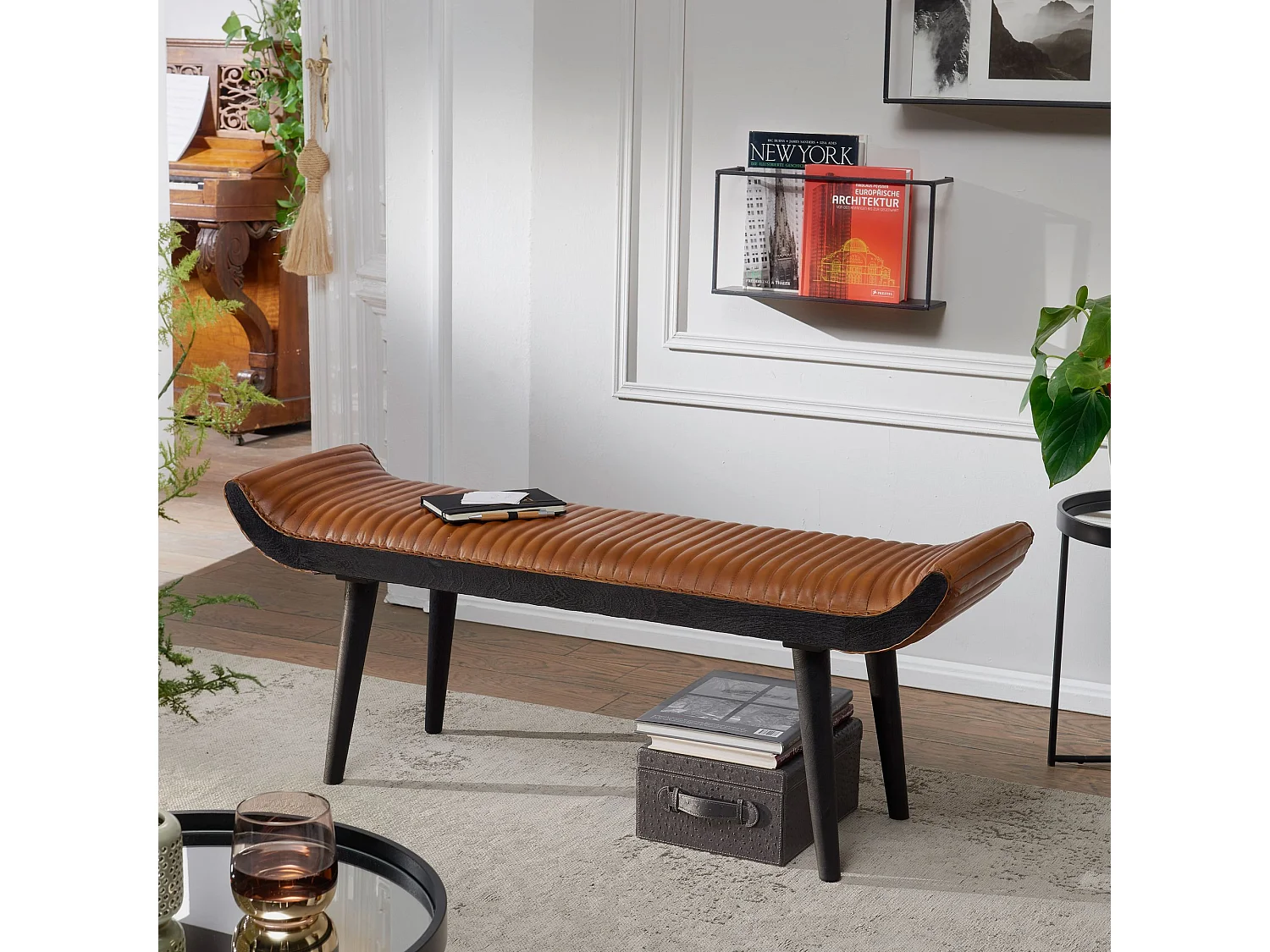 banc cuir véritable / banc bois massif marron 125x51x38 cm moderne | Banc rembourré design couloir