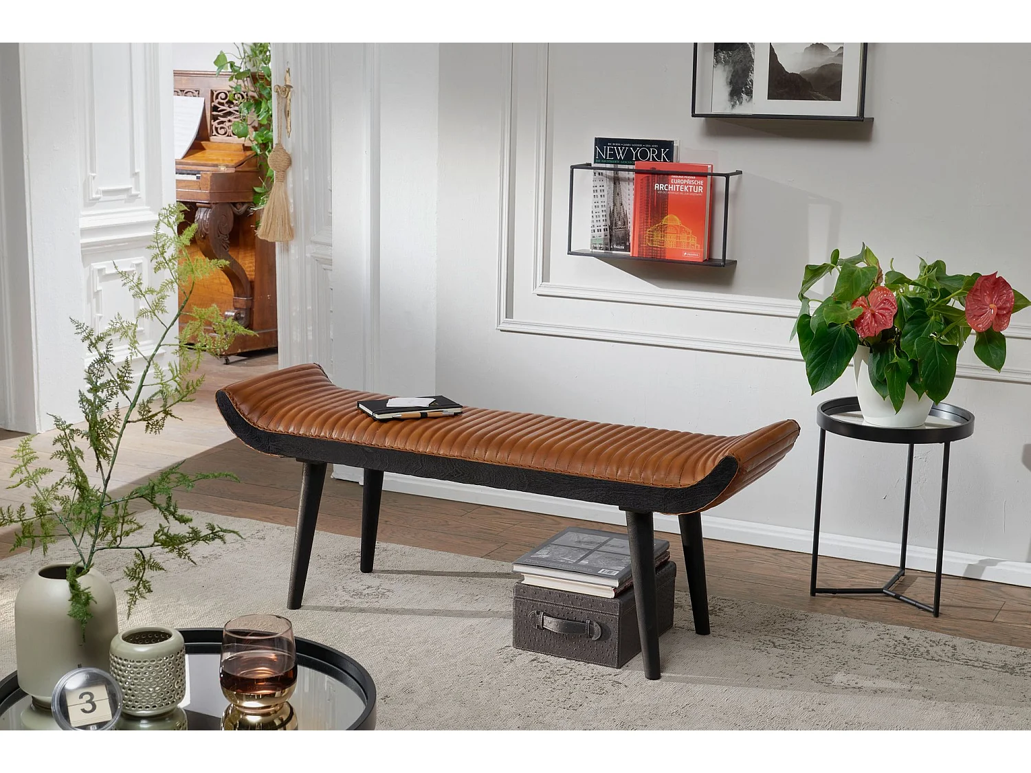 banc cuir véritable / banc bois massif marron 125x51x38 cm moderne | Banc rembourré design couloir