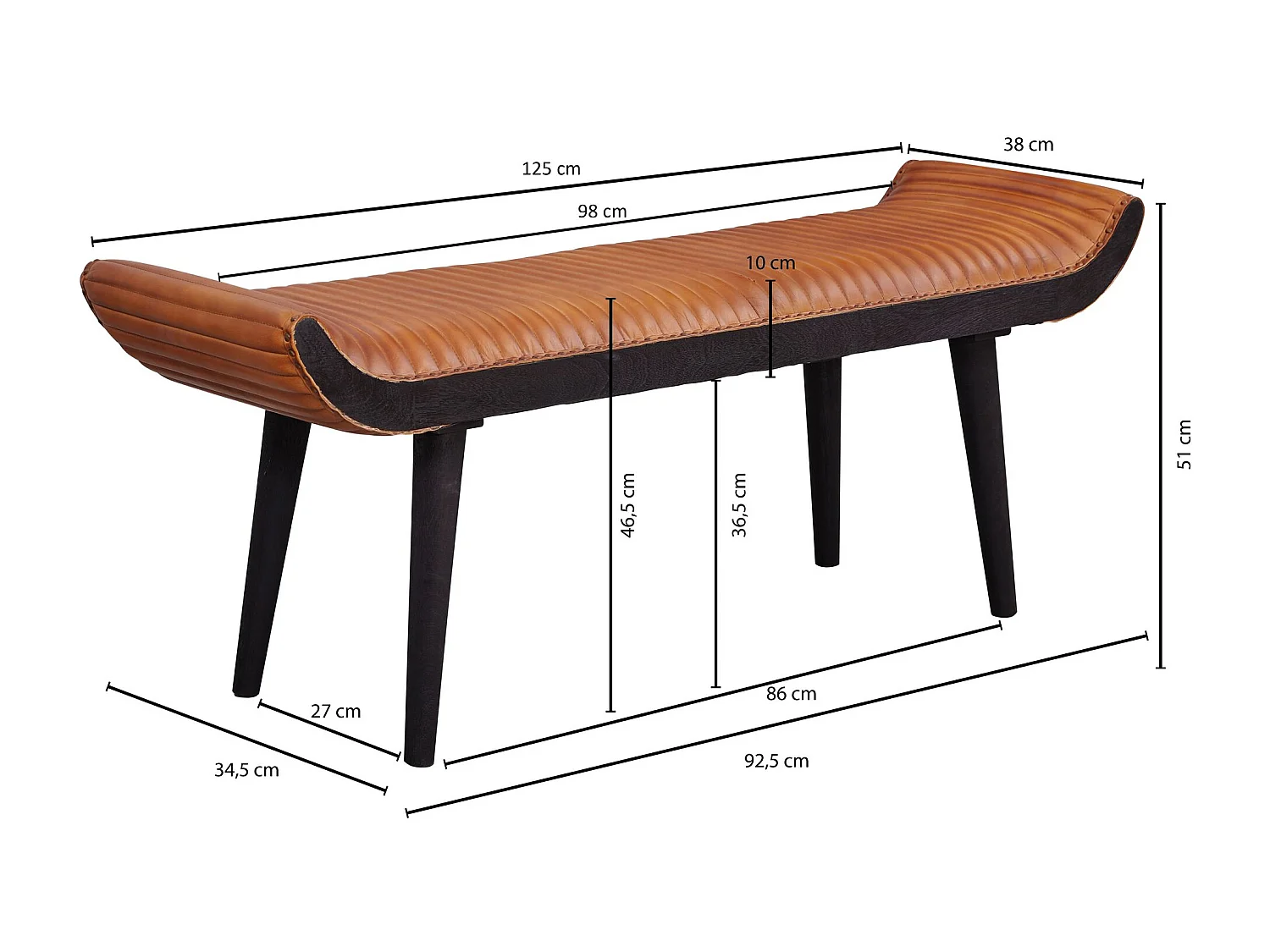 banc cuir véritable / banc bois massif marron 125x51x38 cm moderne | Banc rembourré design couloir