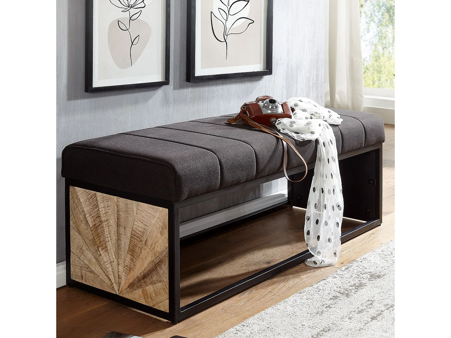 design noir 105 x 40 x 40 cm | Banc rembourré avec structure en métal | Banc de lit chambre |