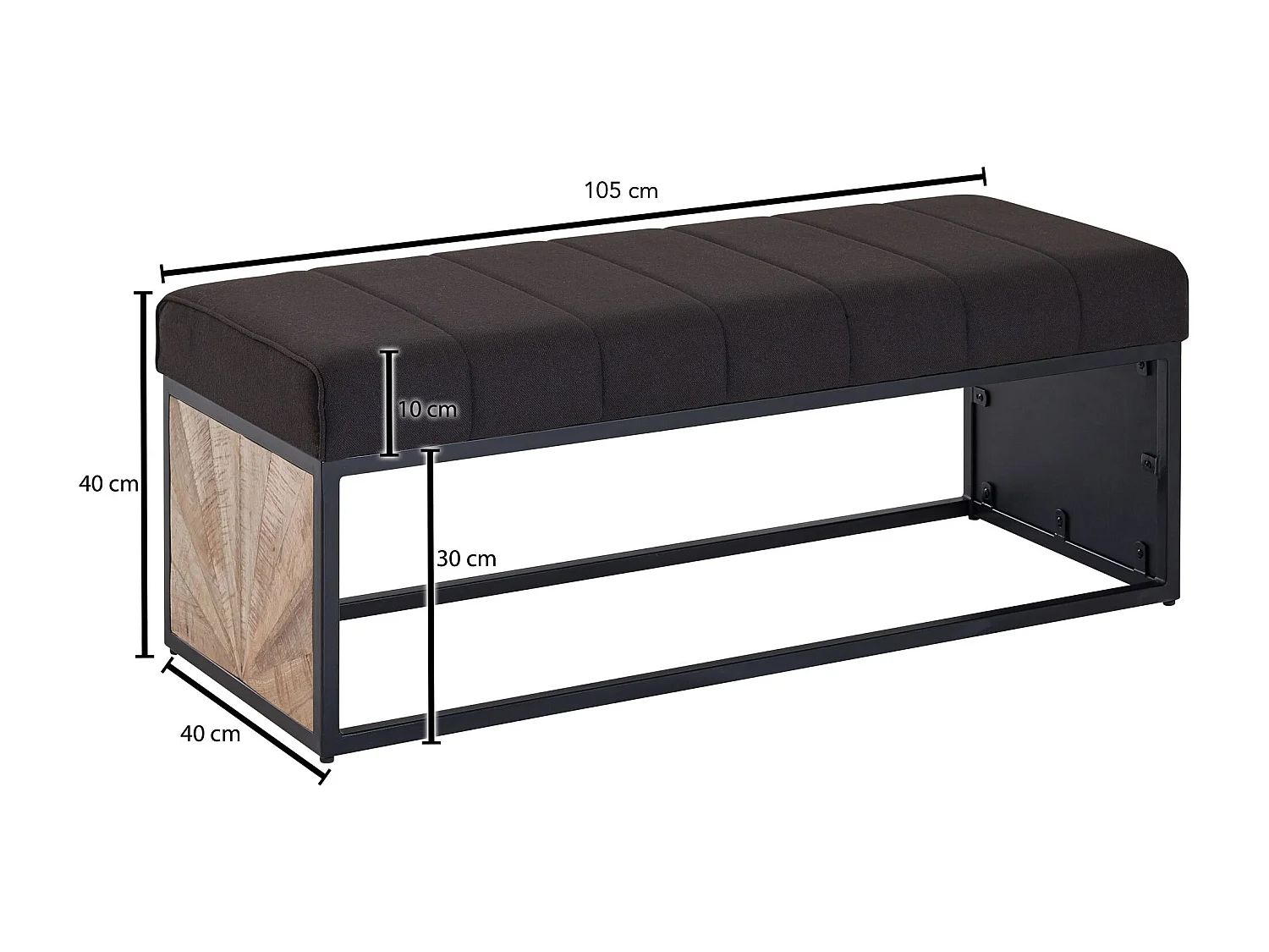 design noir 105 x 40 x 40 cm | Banc rembourré avec structure en métal | Banc de lit chambre |