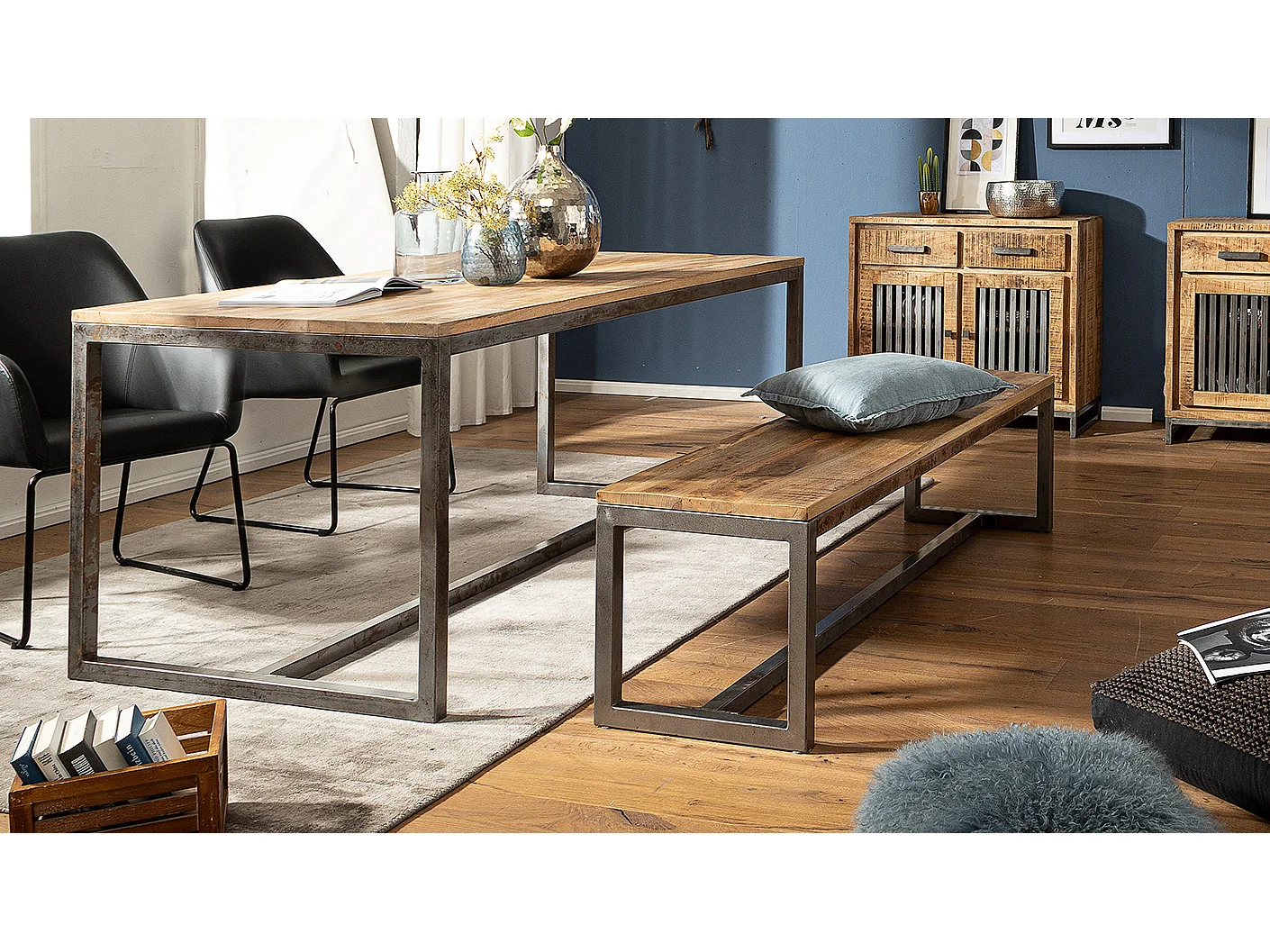 Esszimmerbank 120 x 46 x 45 cm Mango Massivholz / Metall