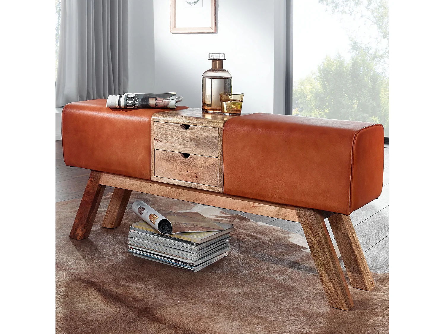 Banc Turnbock design marron avec tiroirs 120x56x30 cm | Banc de tabouret de gym en cuir véritable