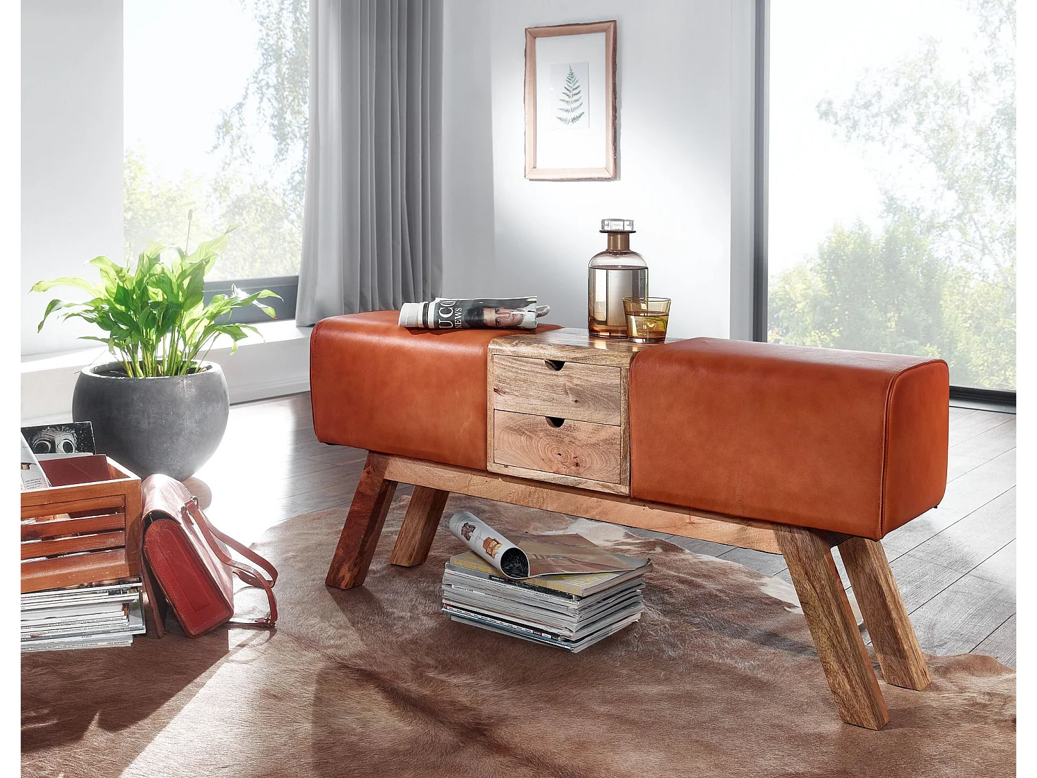 Banc Turnbock design marron avec tiroirs 120x56x30 cm | Banc de tabouret de gym en cuir véritable