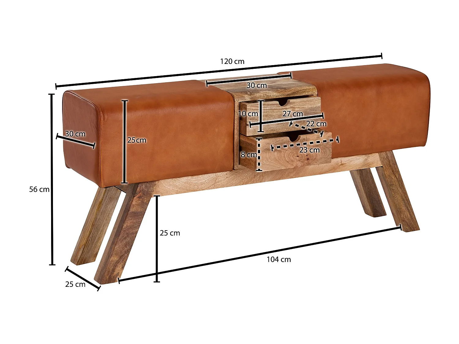 Banc Turnbock design marron avec tiroirs 120x56x30 cm | Banc de tabouret de gym en cuir véritable