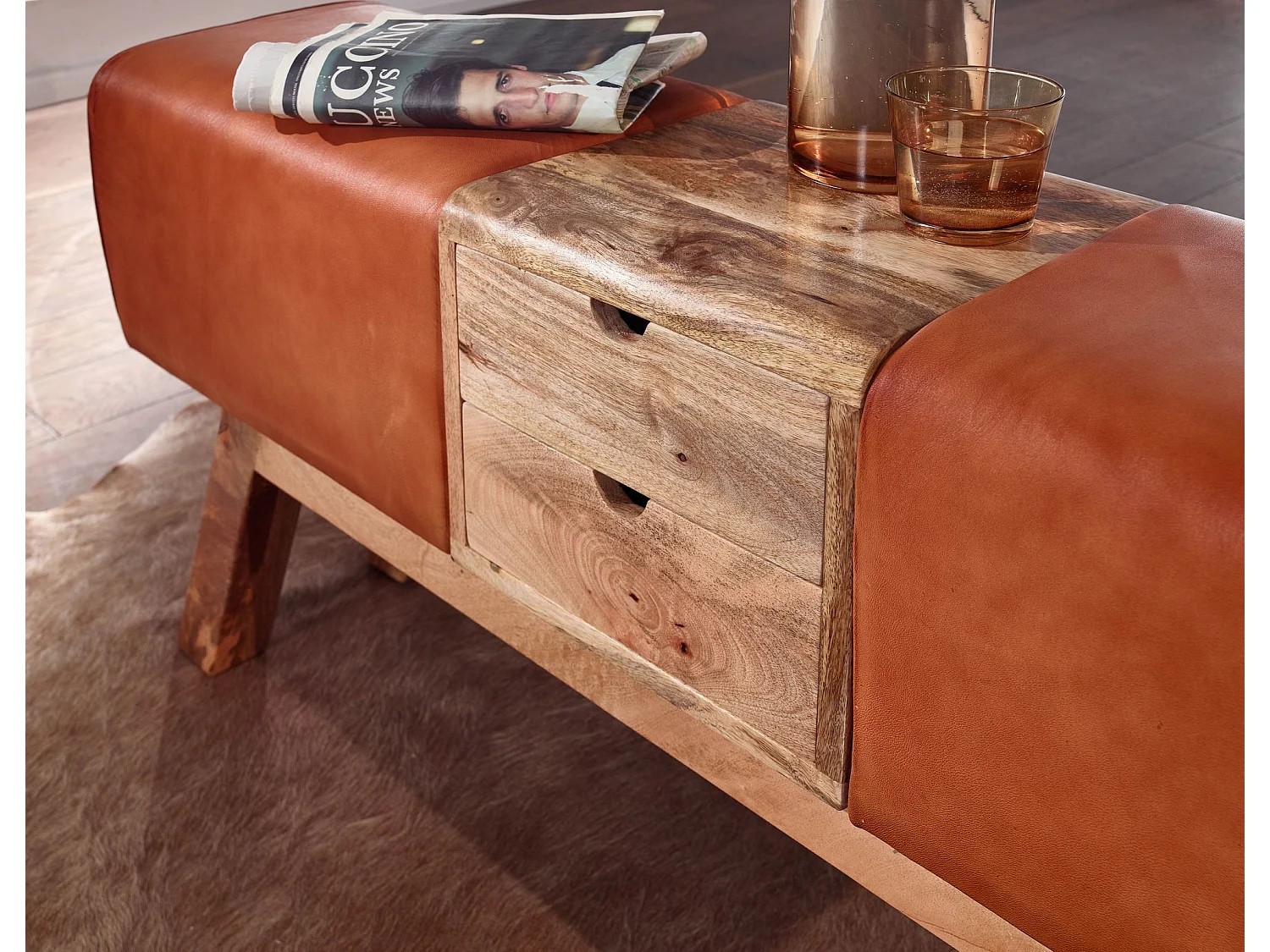 Banc Turnbock design marron avec tiroirs 120x56x30 cm | Banc de tabouret de gym en cuir véritable