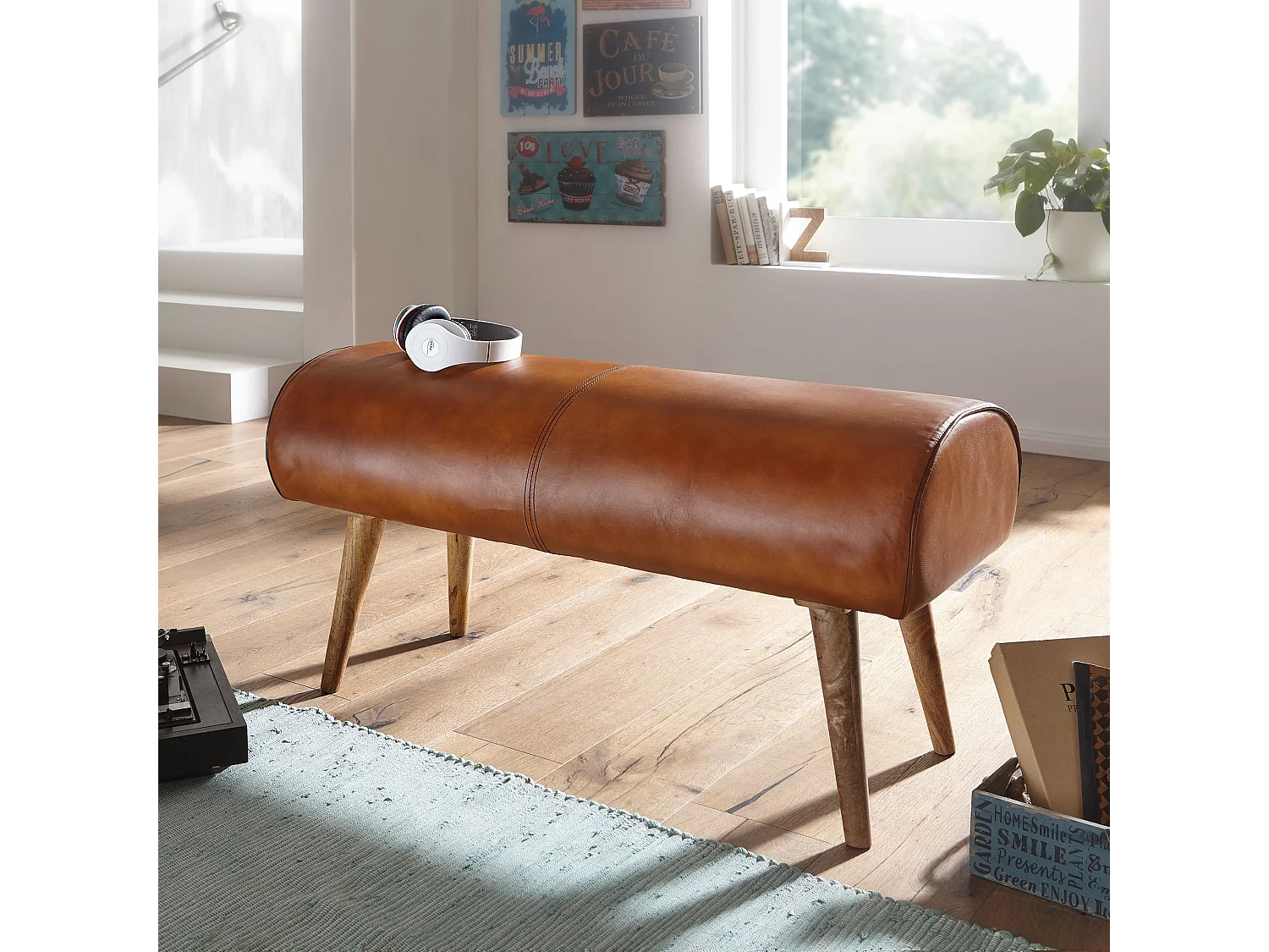 banc cuir véritable / banc bois massif 100x53x40 cm | Banquette 2 places rembourré hall springbok